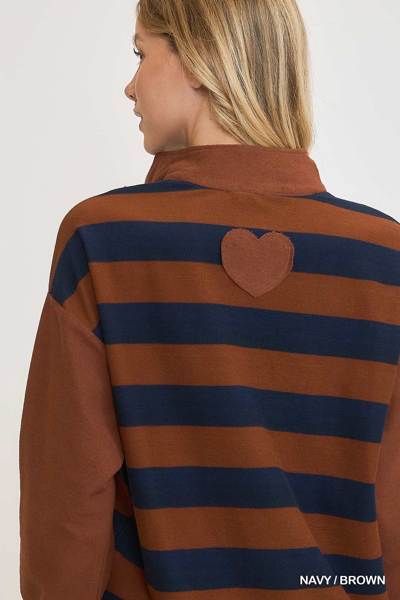 Navy & Brown Striped Half Zip Top