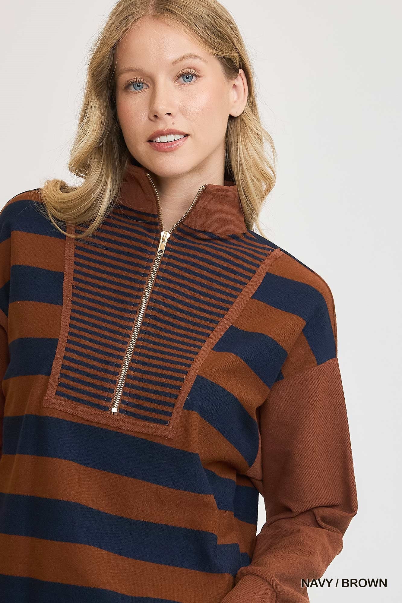 Navy & Brown Striped Half Zip Top