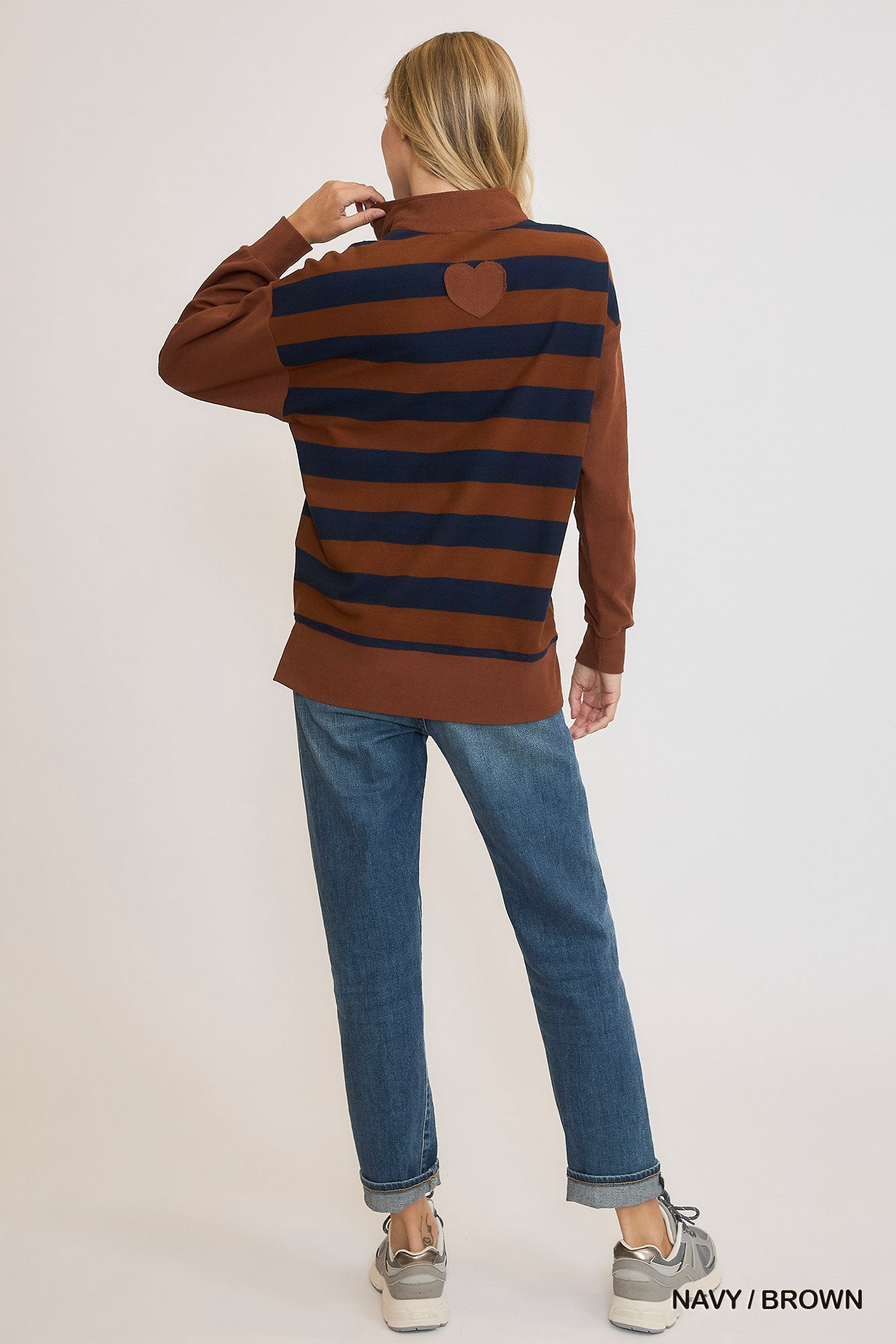 Navy & Brown Striped Half Zip Top