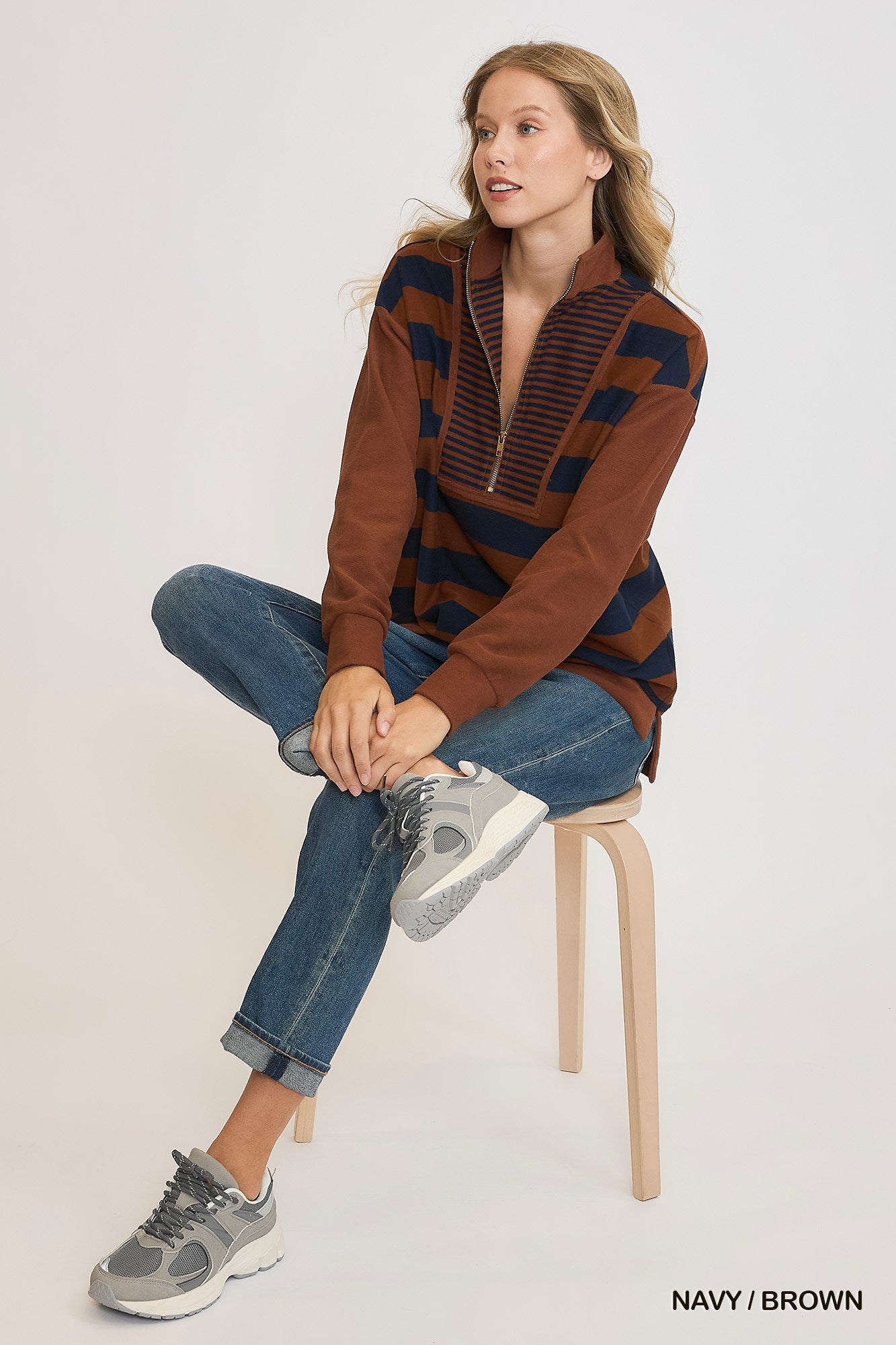 Navy & Brown Striped Half Zip Top