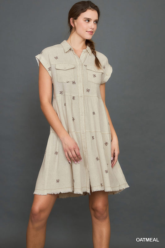 Oatmeal Bow Linen Blend Ribbon Embroidered Shirt Dress
