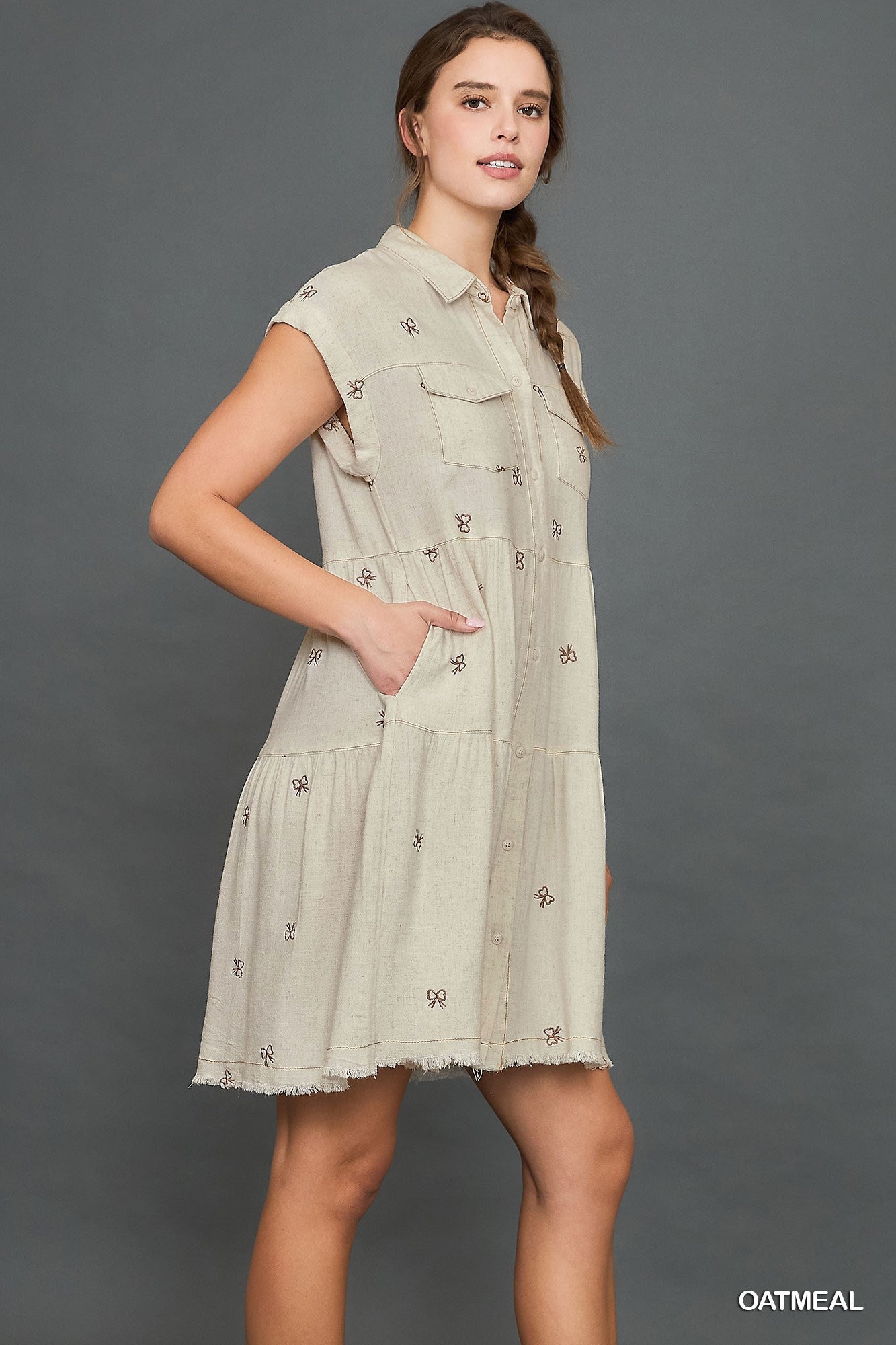 Oatmeal Bow Linen Blend Ribbon Embroidered Shirt Dress