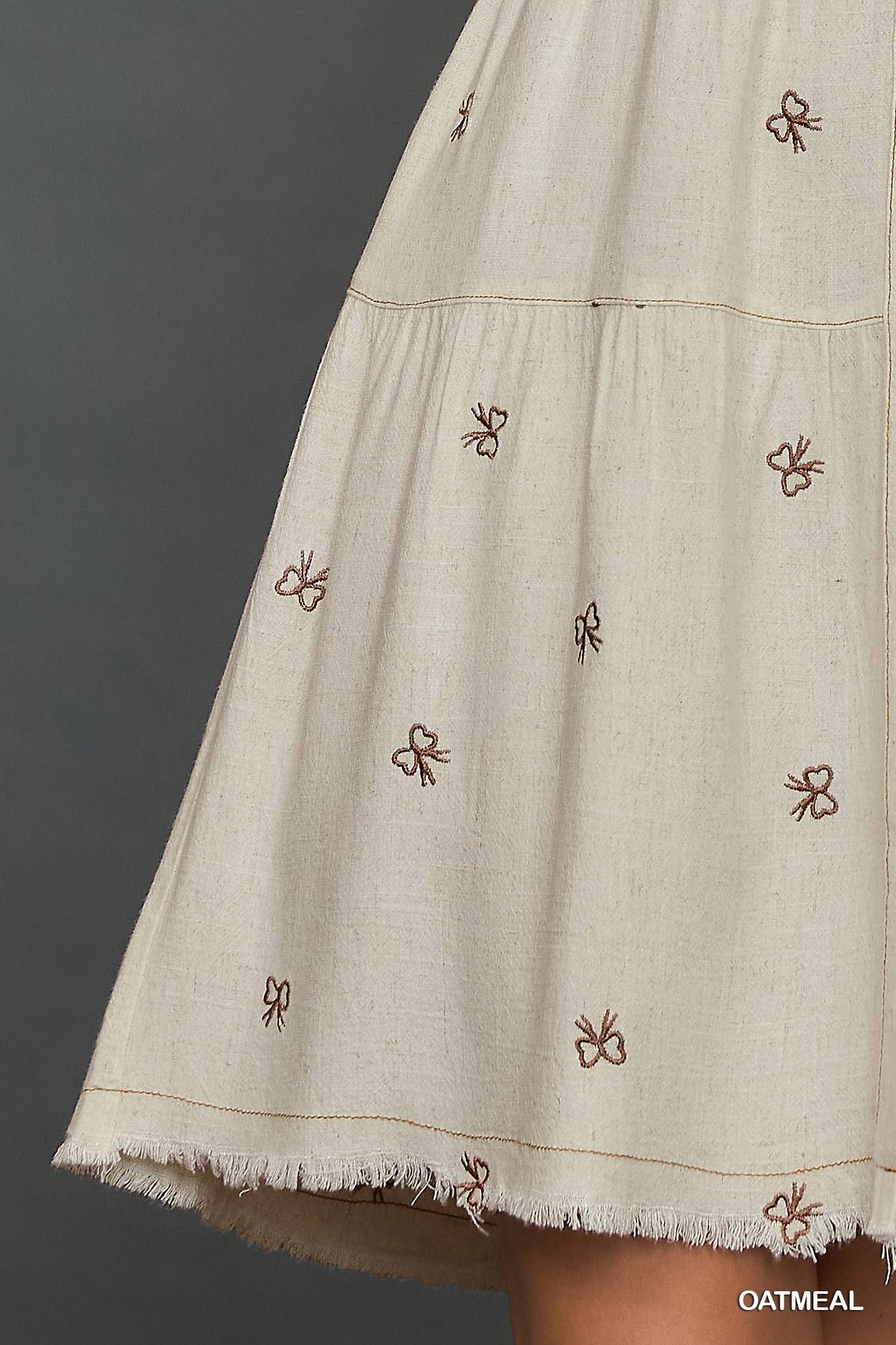 Oatmeal Bow Linen Blend Ribbon Embroidered Shirt Dress