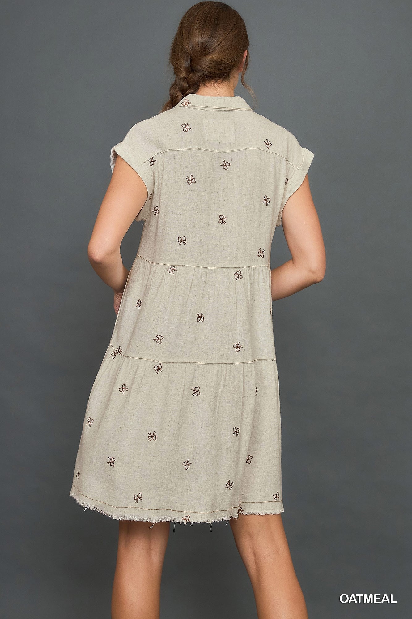 Oatmeal Bow Linen Blend Ribbon Embroidered Shirt Dress