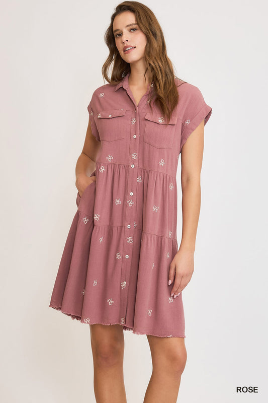 Rose Bow Linen Blend Ribbon Embroidered Shirt Dress