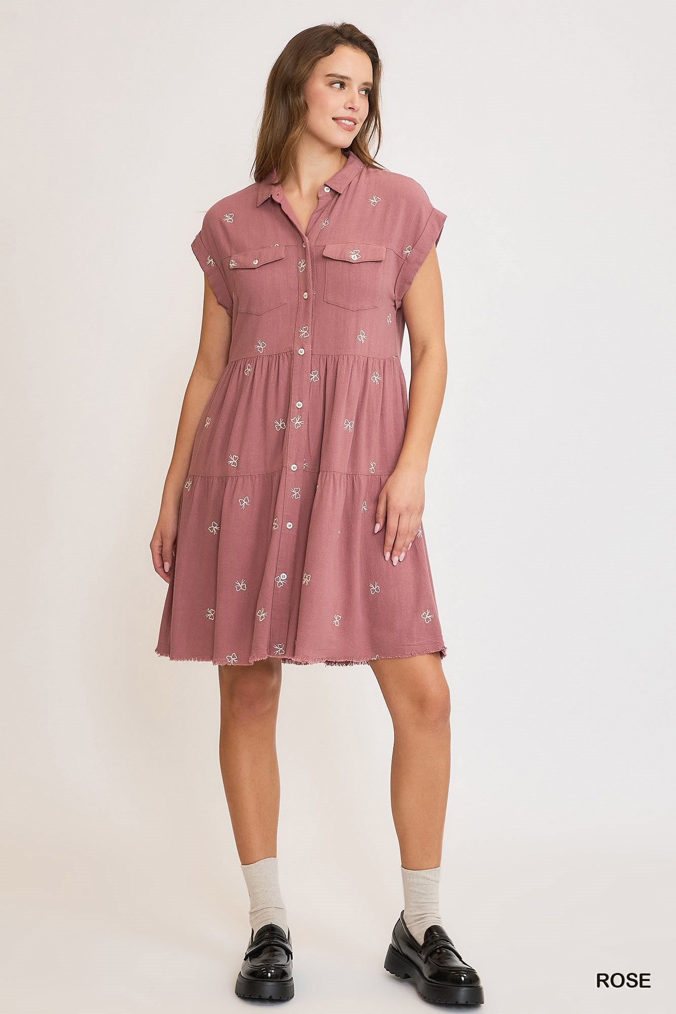 Rose Bow Linen Blend Ribbon Embroidered Shirt Dress