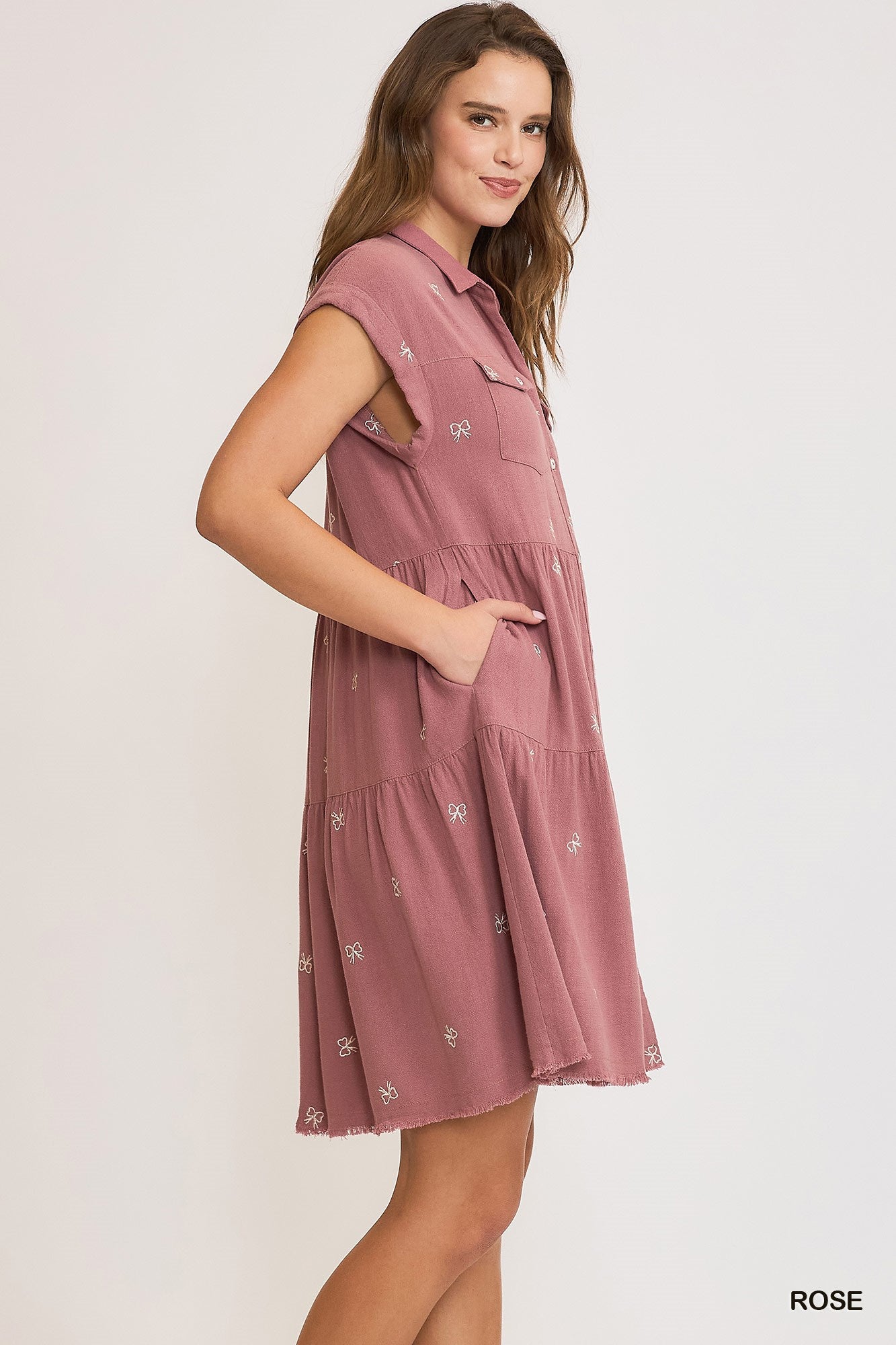 Rose Bow Linen Blend Ribbon Embroidered Shirt Dress