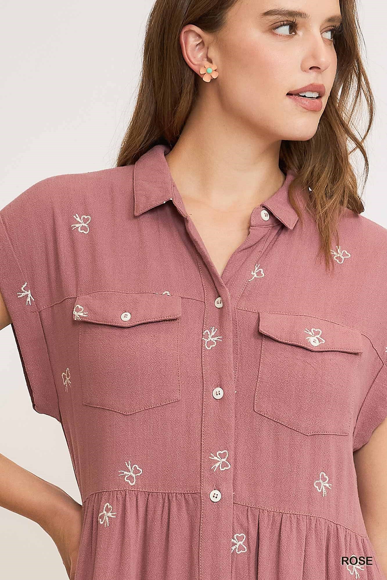Rose Bow Linen Blend Ribbon Embroidered Shirt Dress