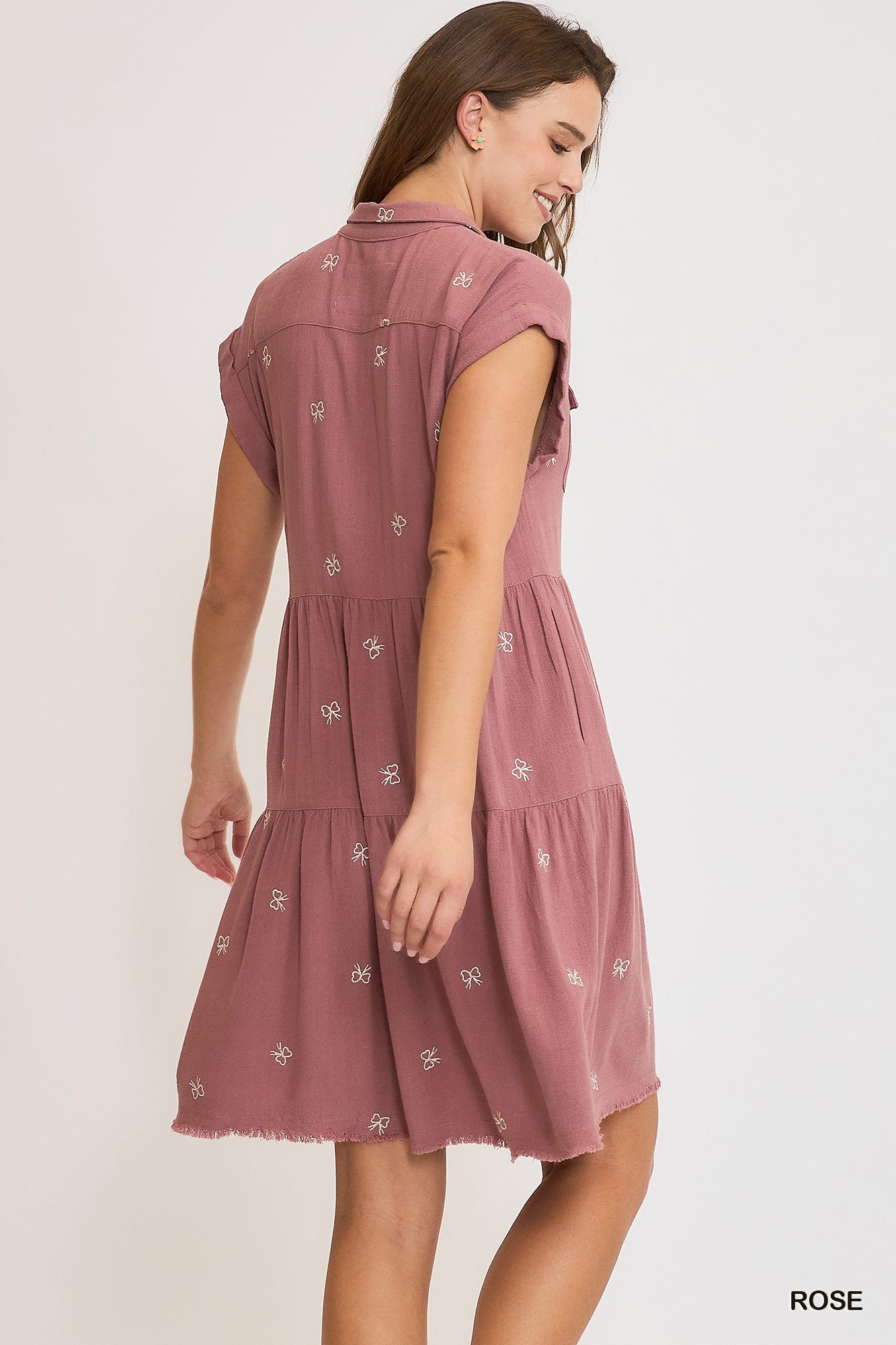 Rose Bow Linen Blend Ribbon Embroidered Shirt Dress