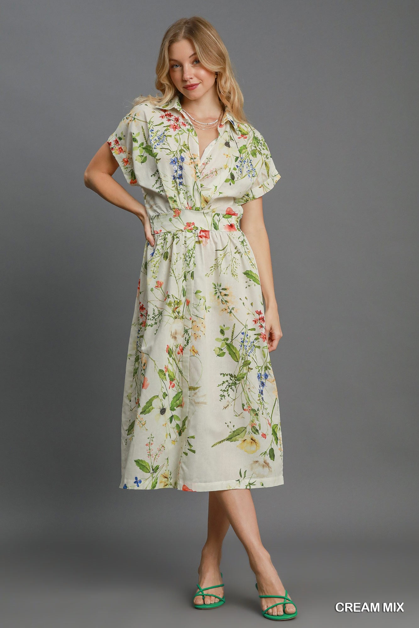 Cream Floral Print Button Down Midi Dress