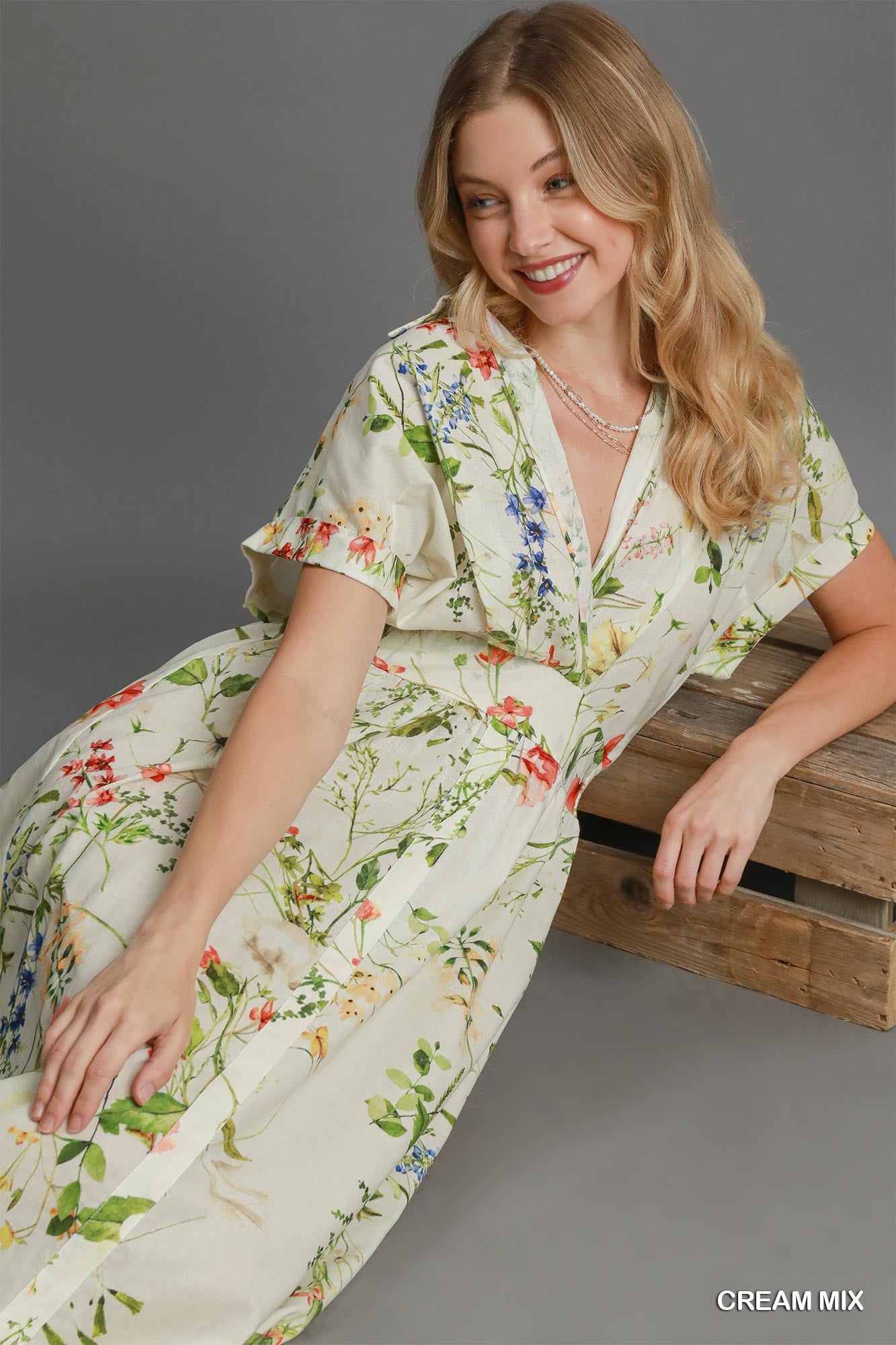 Cream Floral Print Button Down Midi Dress