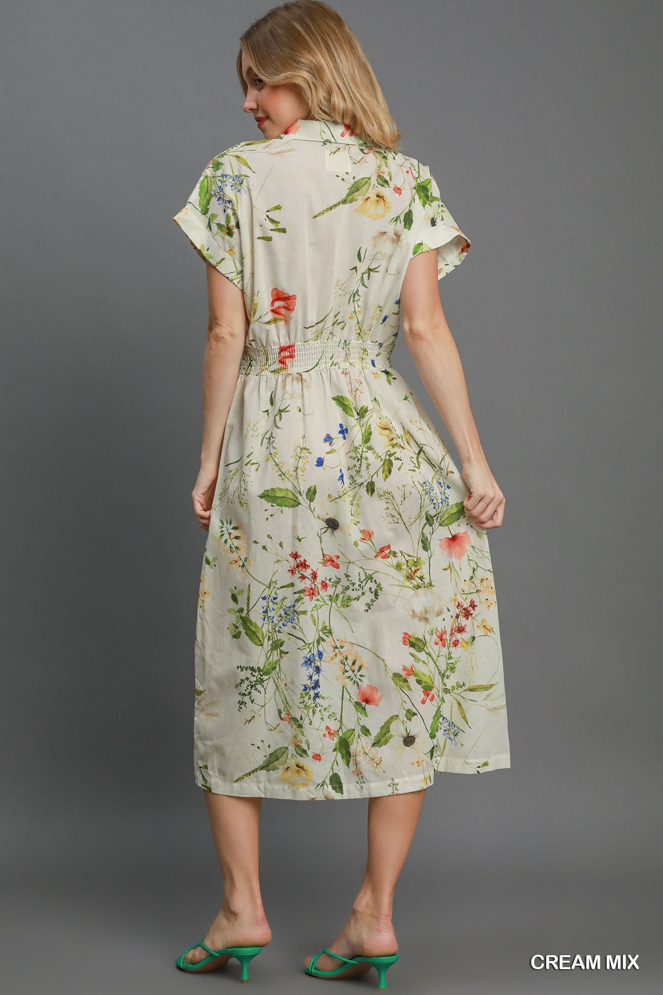 Cream Floral Print Button Down Midi Dress