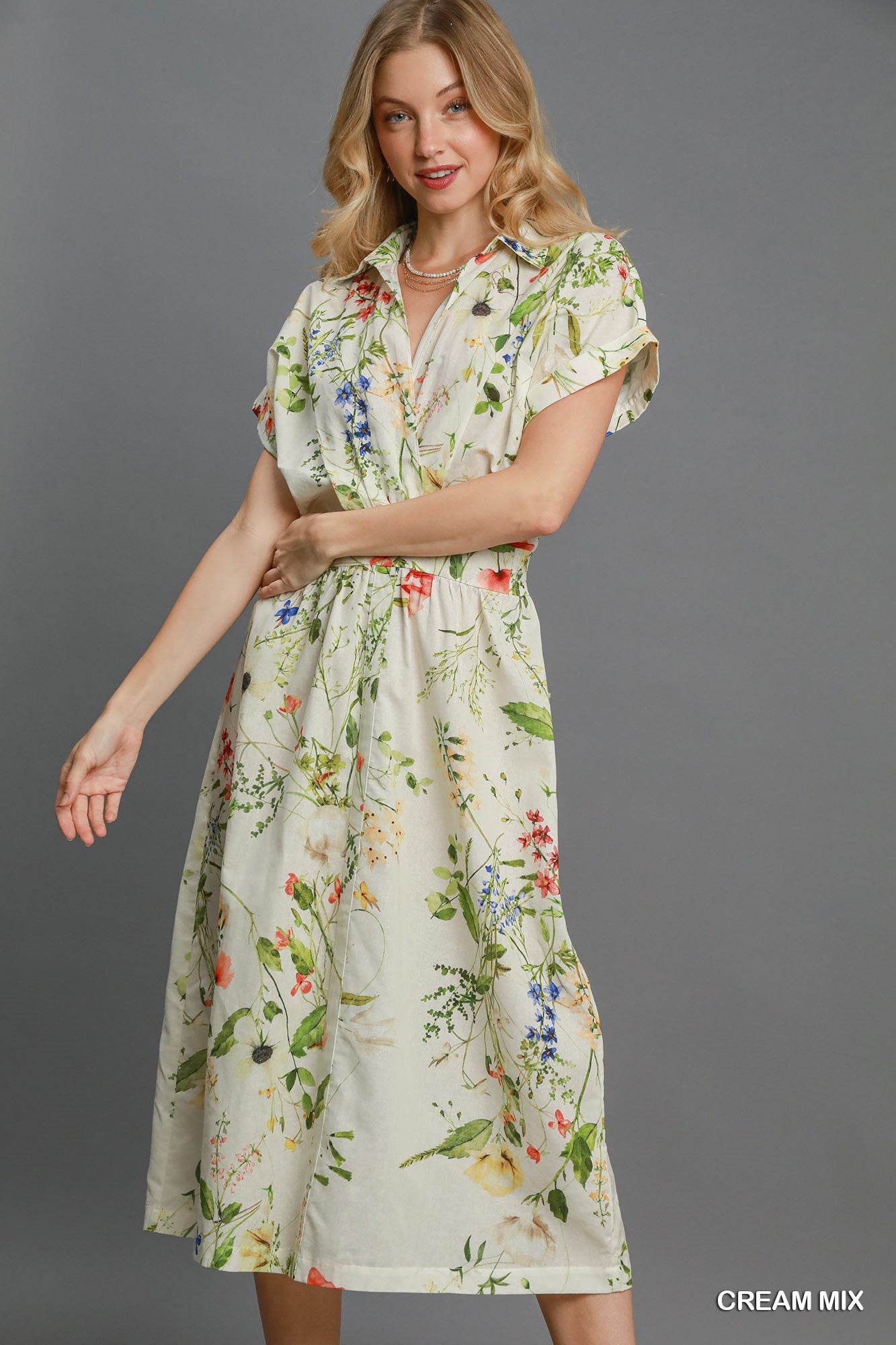 Cream Floral Print Button Down Midi Dress