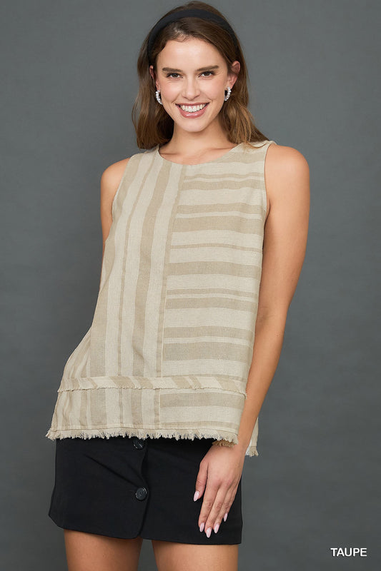 Taupe Linen Blend Sleeveless Striped Top