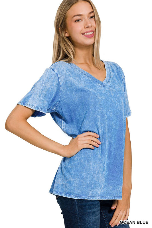 Sale - Ocean Blue Washed Cotton Short Sleeve Top