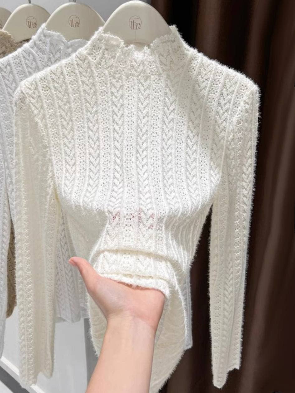Beige Soft Knit Fluffy Texture Lace High Neck Layering Top