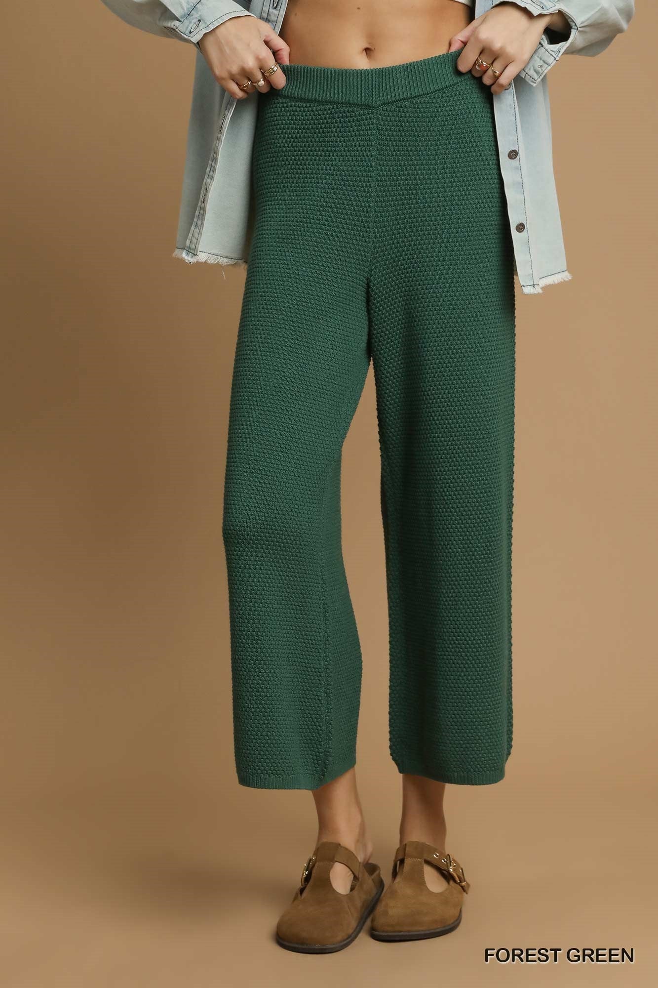 Forest Green Textured Knit Wide Leg Pants