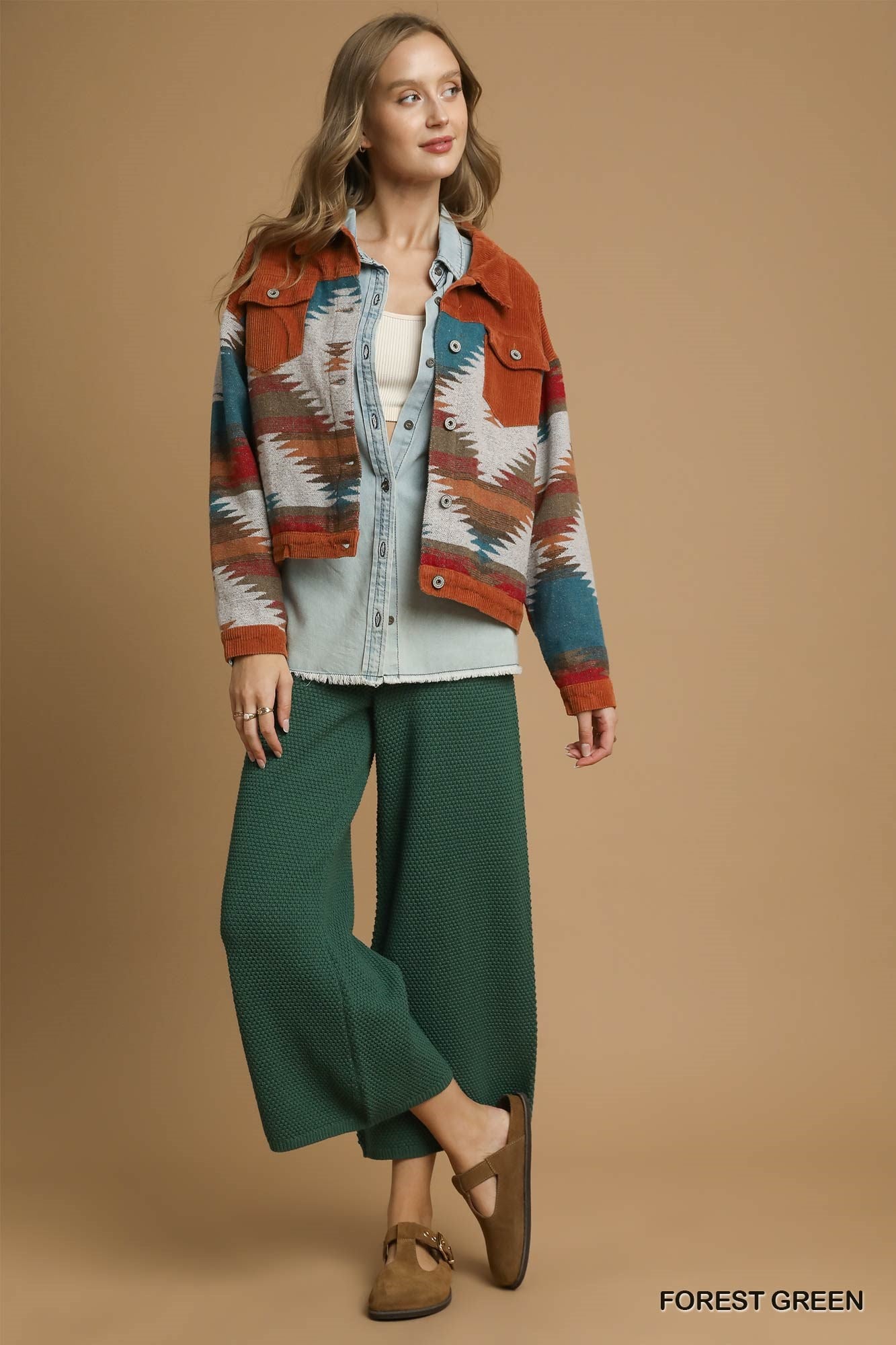 Forest Green Textured Knit Wide Leg Pants