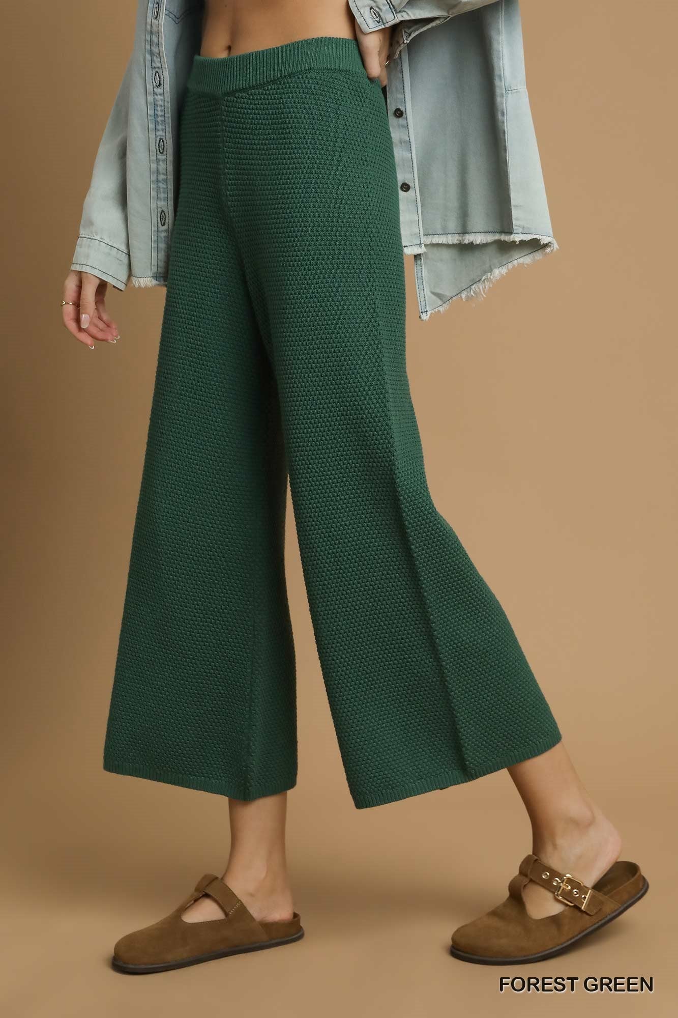 Forest Green Textured Knit Wide Leg Pants