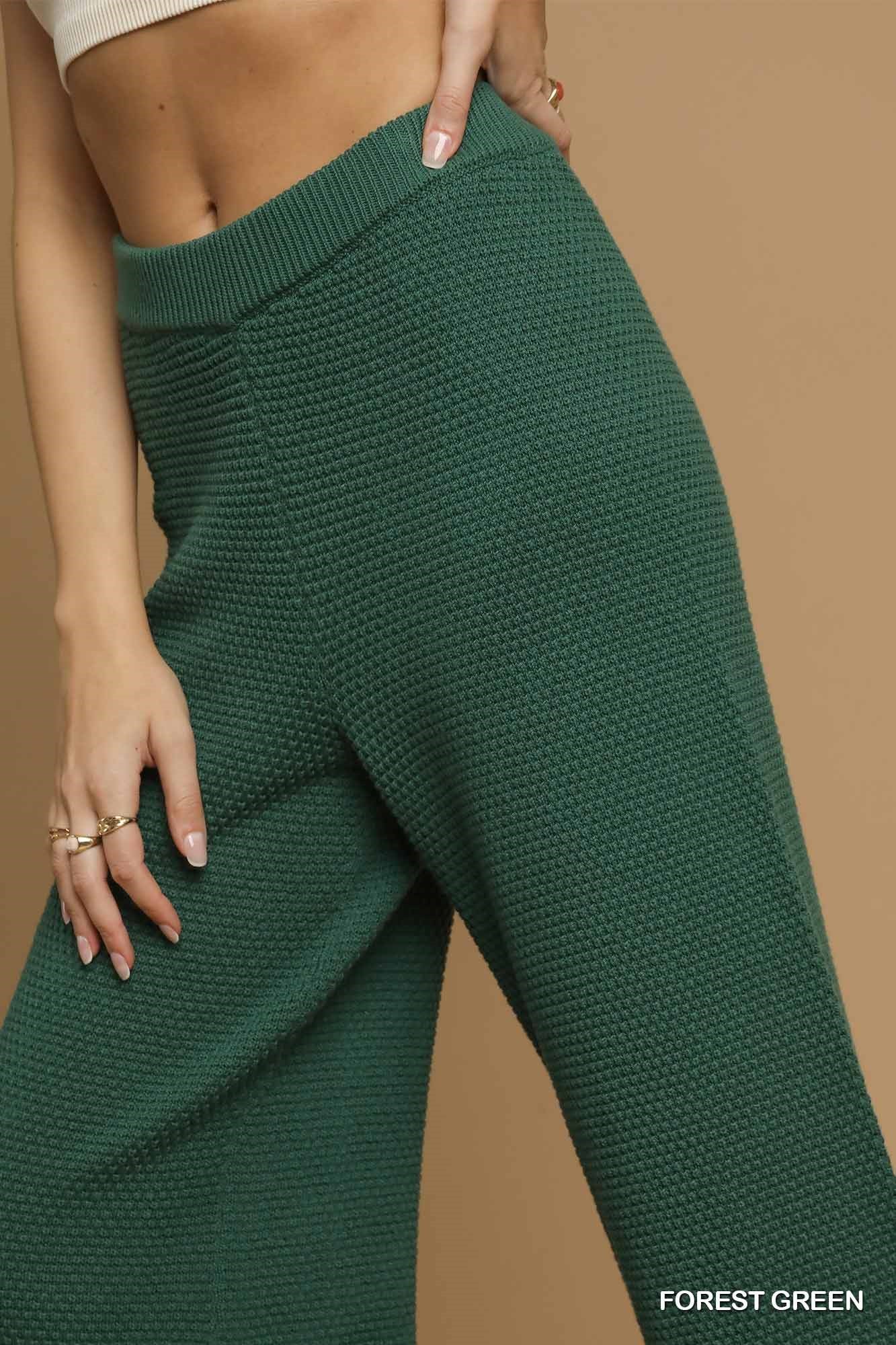 Forest Green Textured Knit Wide Leg Pants