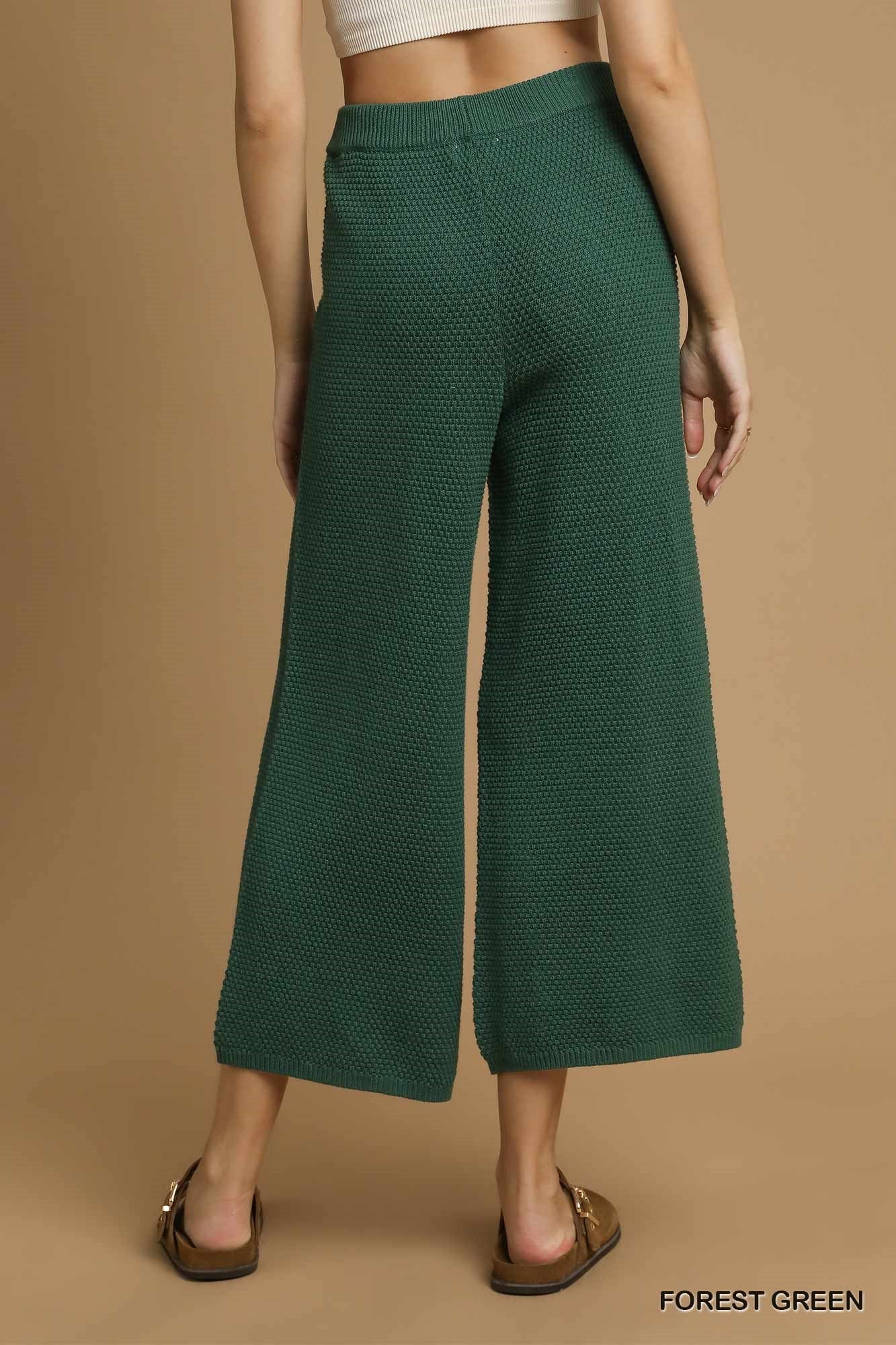 Forest Green Textured Knit Wide Leg Pants