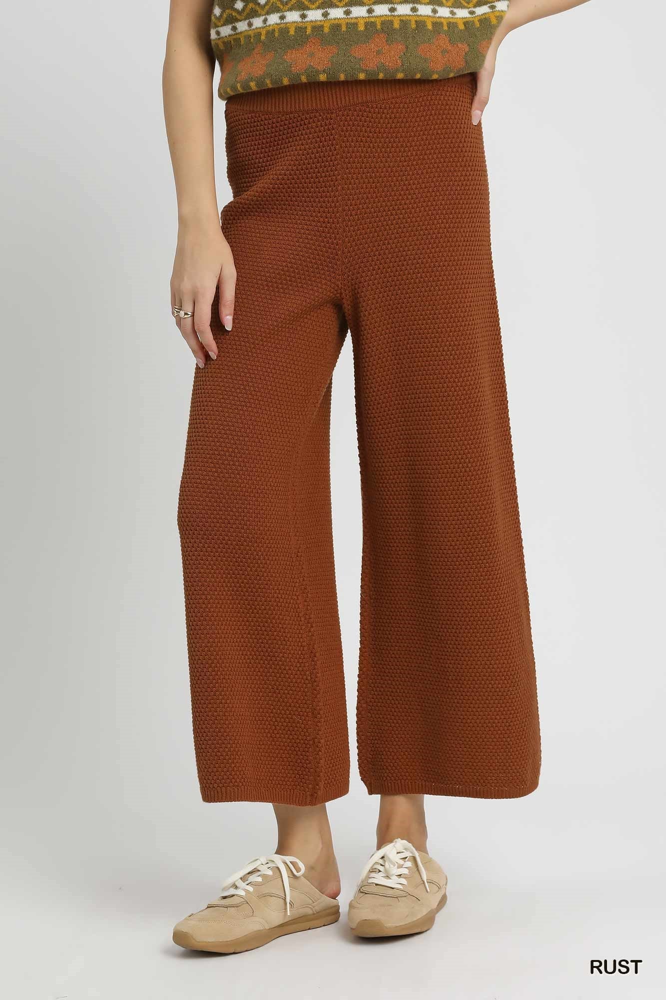 Rust Textured Knit Wide Leg Pants