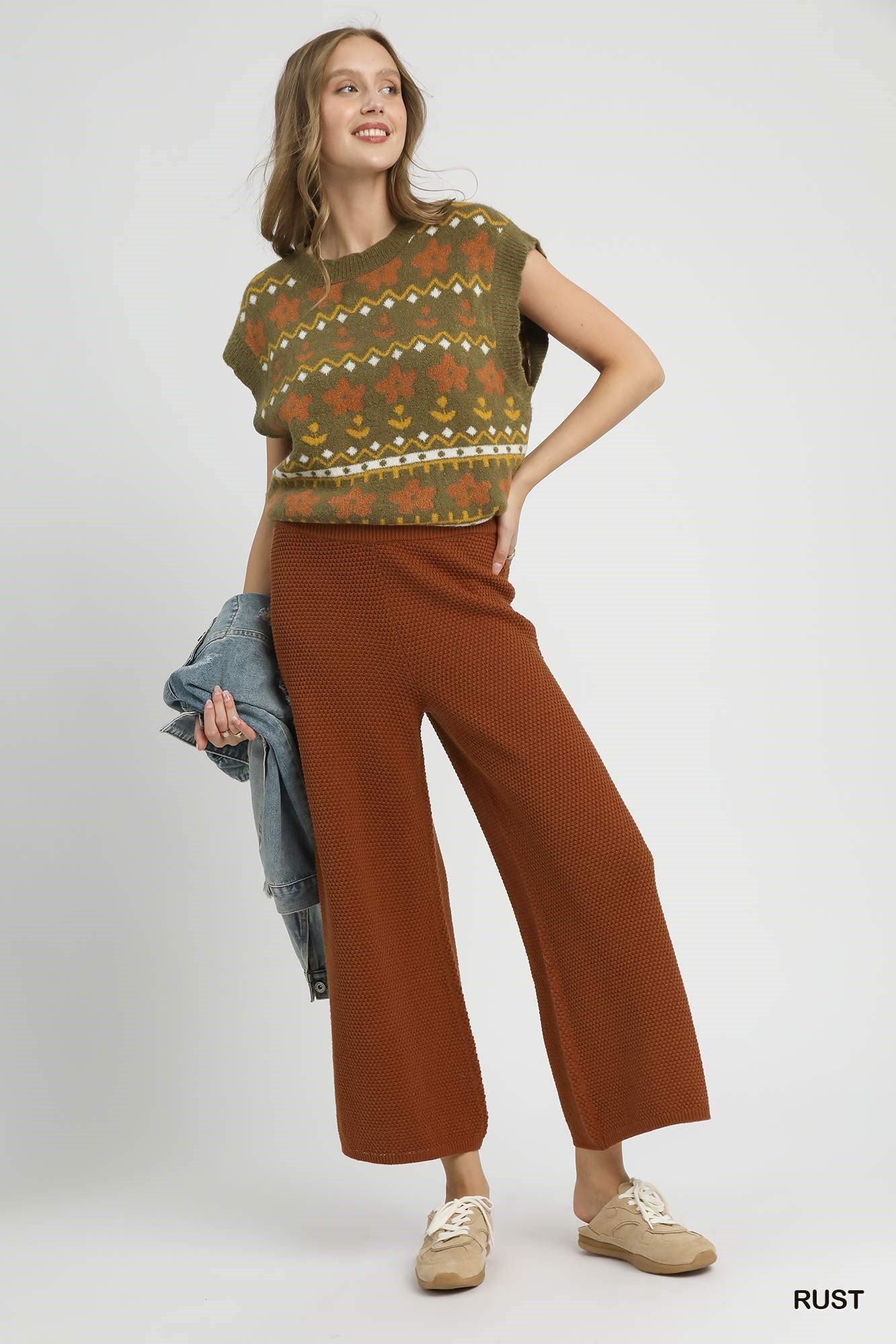 Rust Textured Knit Wide Leg Pants