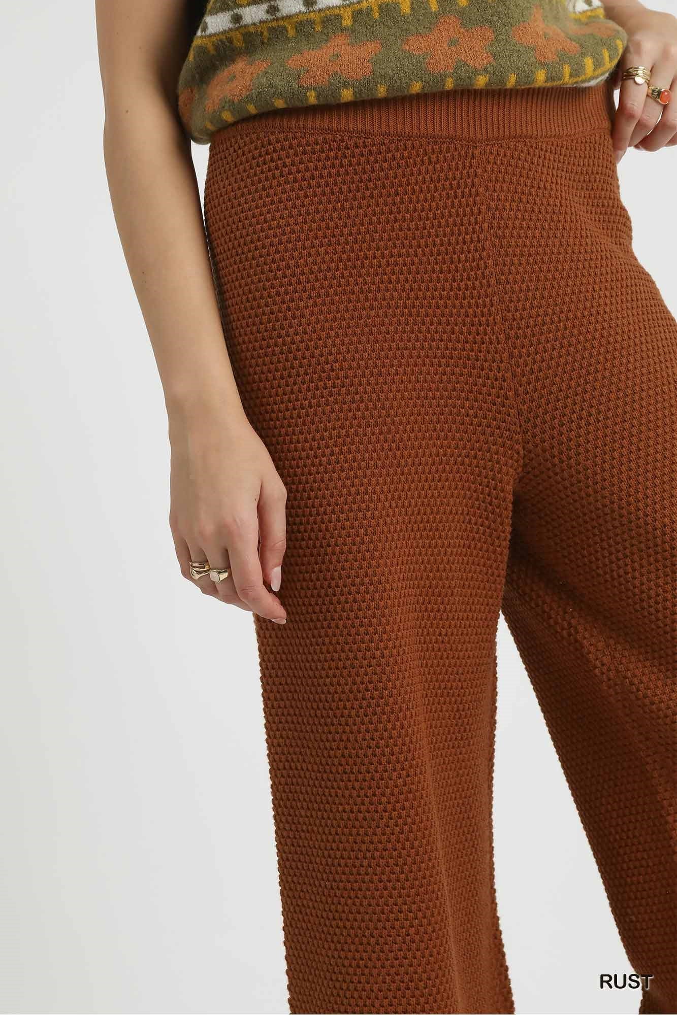 Rust Textured Knit Wide Leg Pants