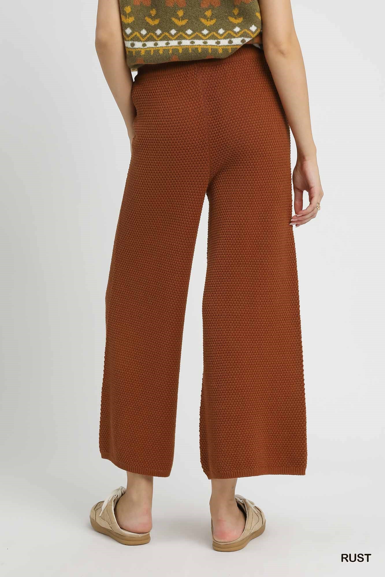 Rust Textured Knit Wide Leg Pants