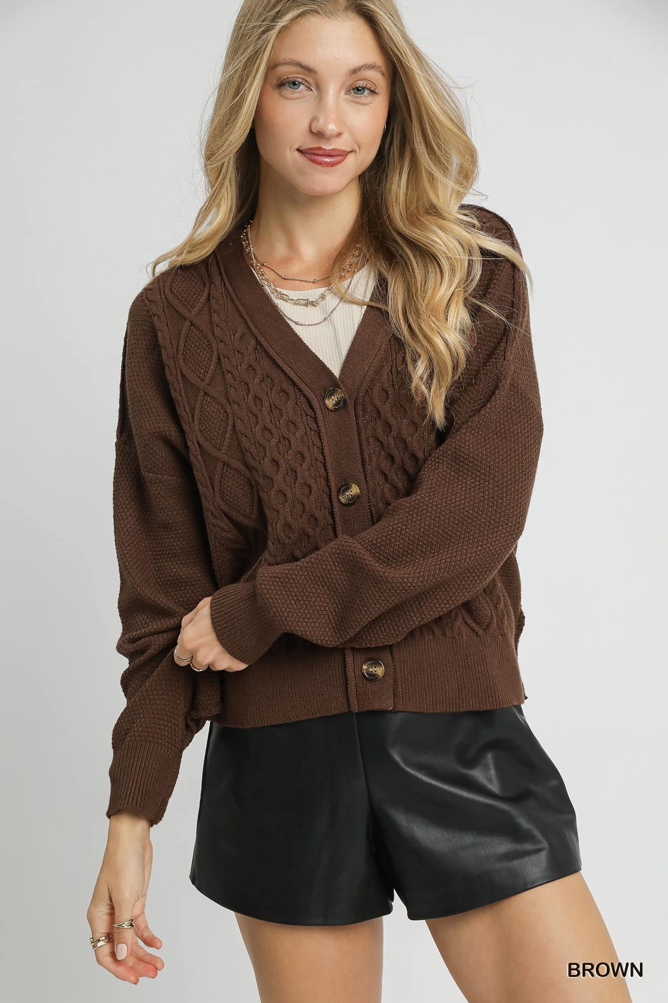 Brown Chunky Cable Knit Button Front Cardigan
