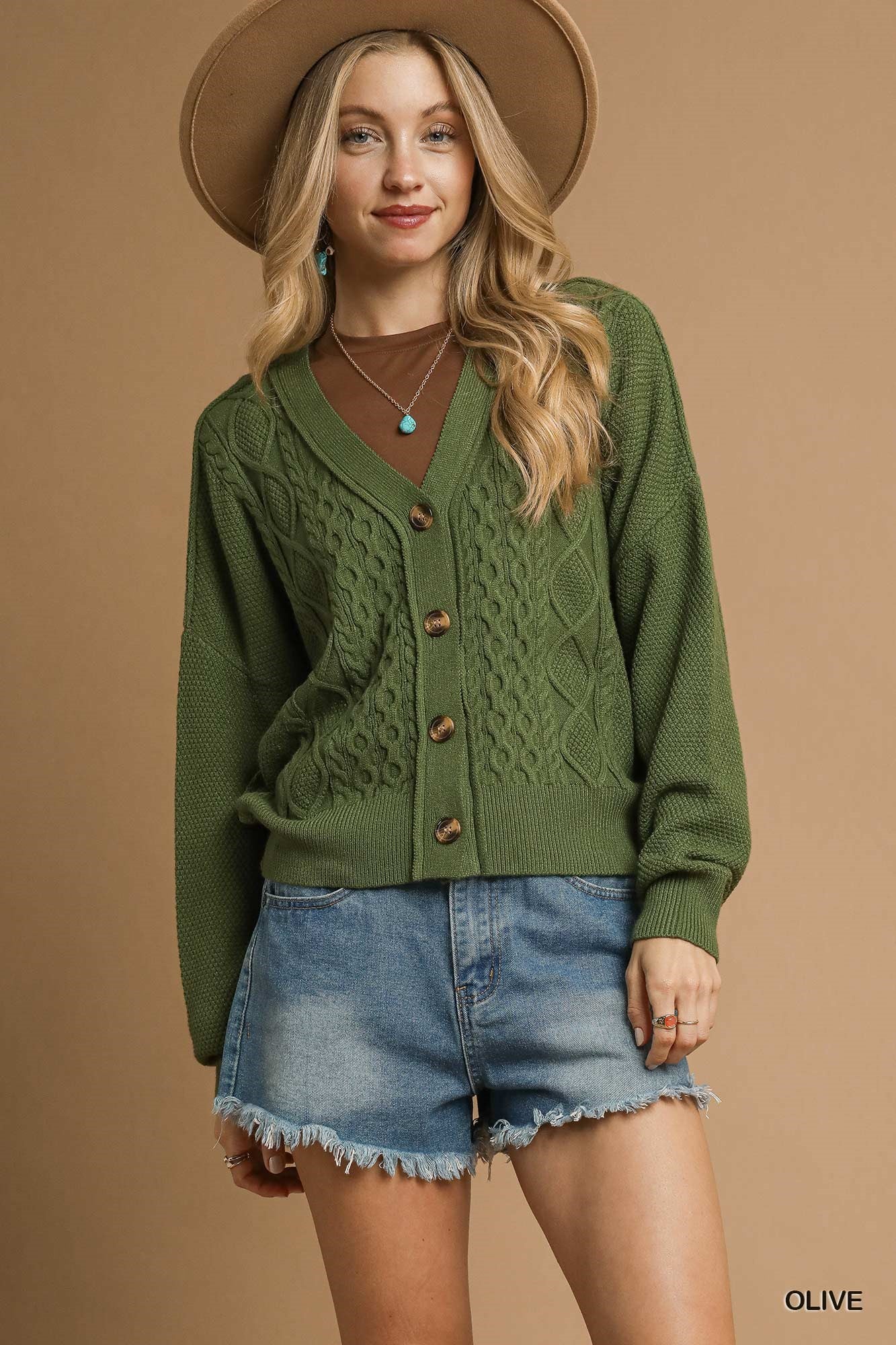 Olive Chunky Cable Knit Button Front Cardigan