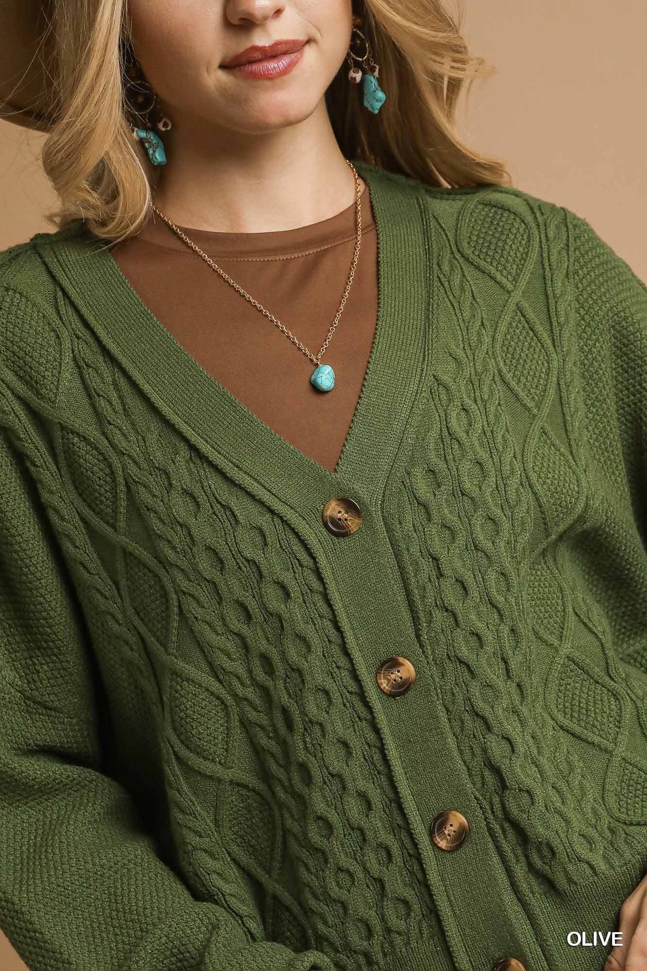 Olive Chunky Cable Knit Button Front Cardigan