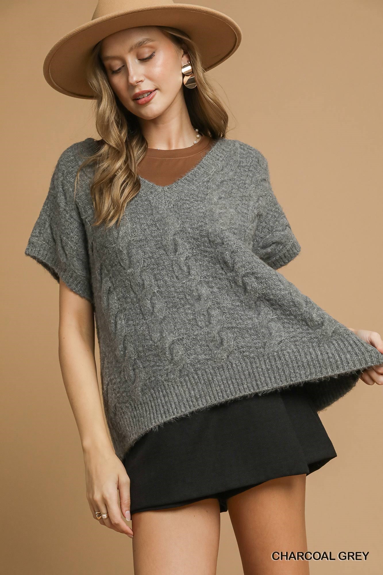 Charcoal V Neck Short Sleeve Sweater