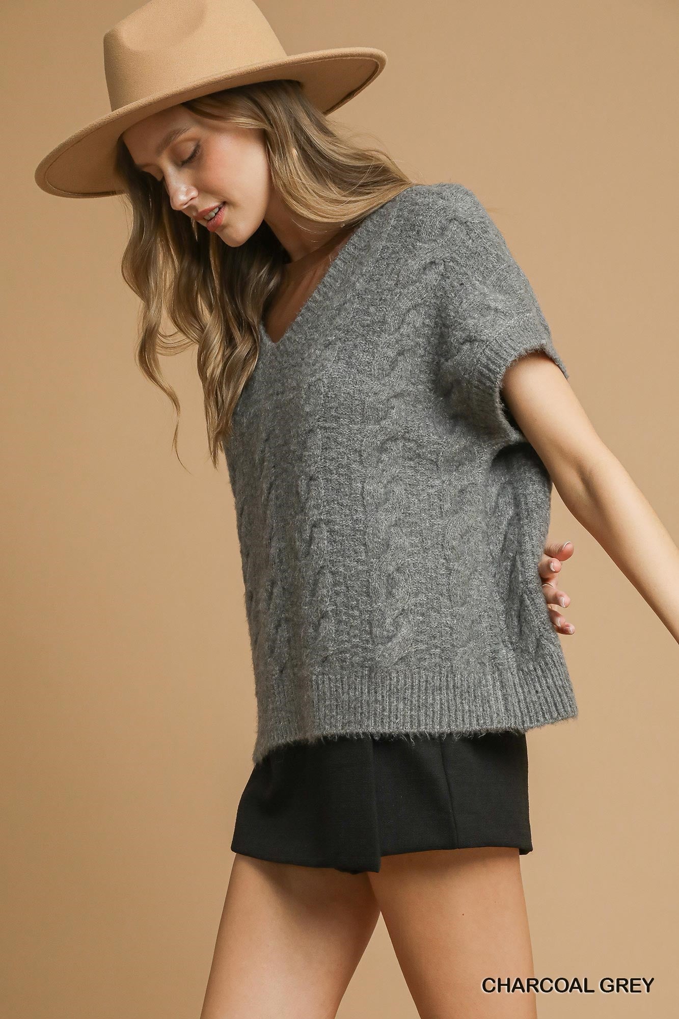 Charcoal V Neck Short Sleeve Sweater