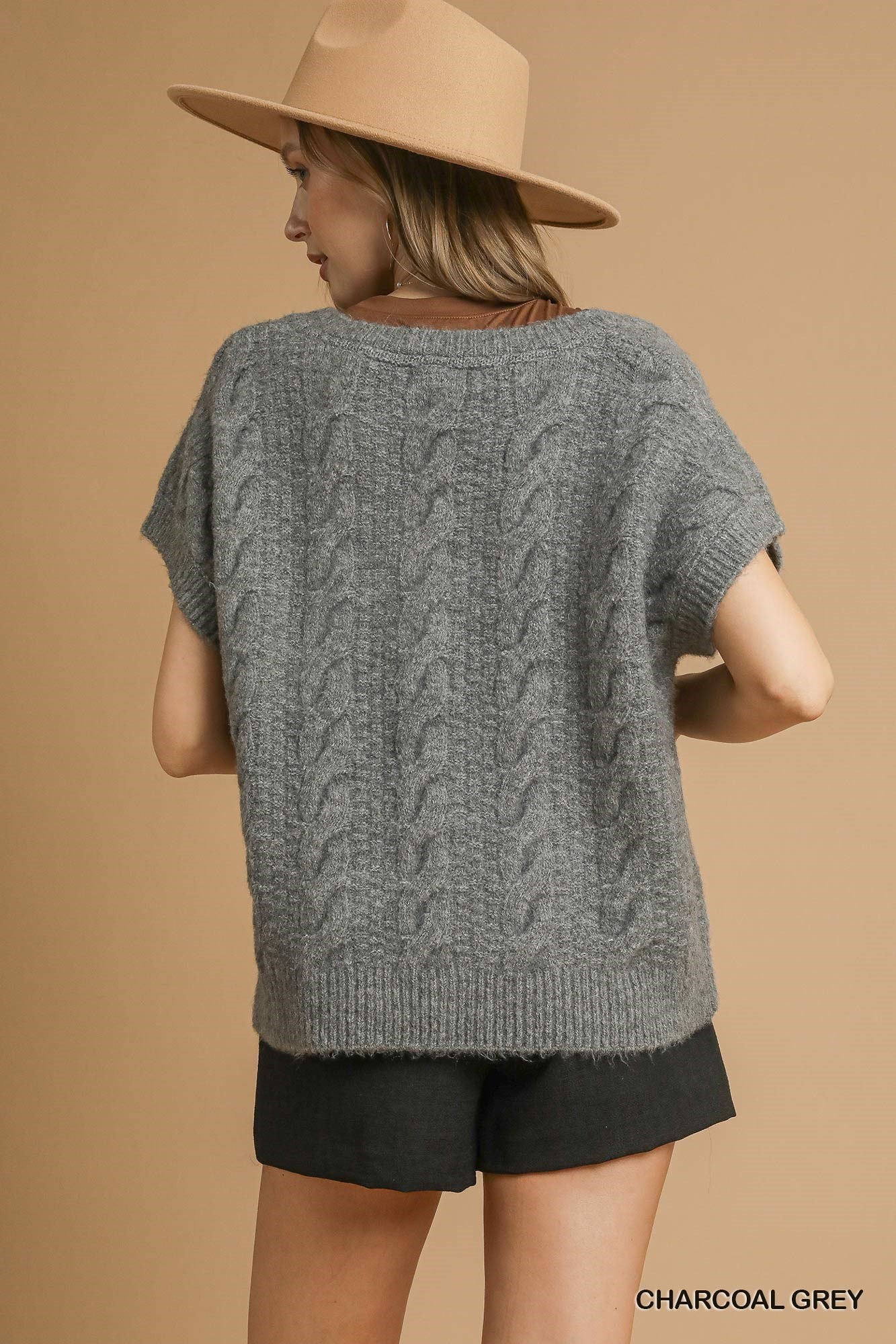 Charcoal V Neck Short Sleeve Sweater