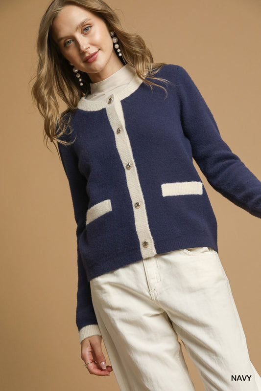 Navy Two Tone Button Front Cardigan