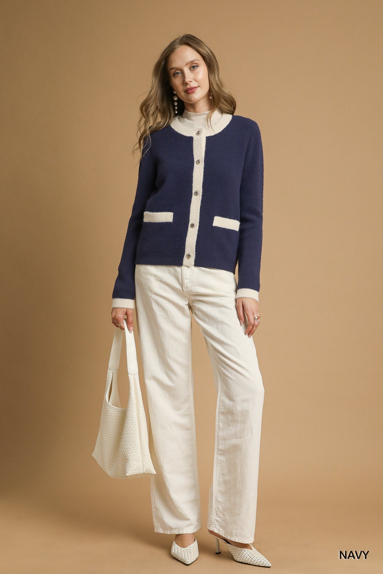 Navy Two Tone Button Front Cardigan
