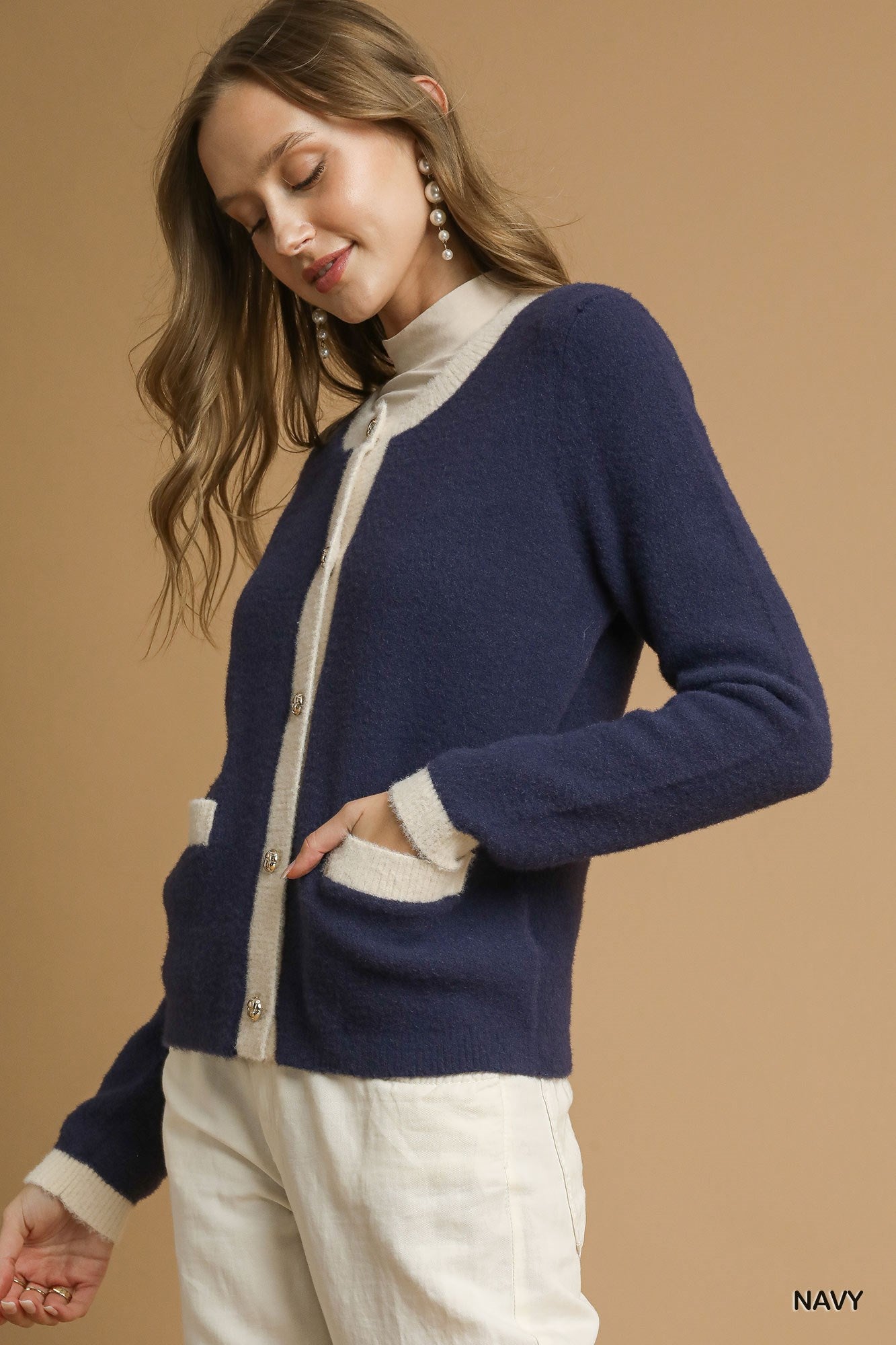 Navy Two Tone Button Front Cardigan