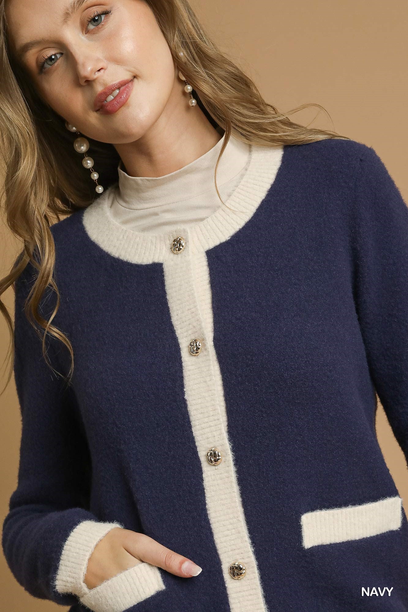 Navy Two Tone Button Front Cardigan