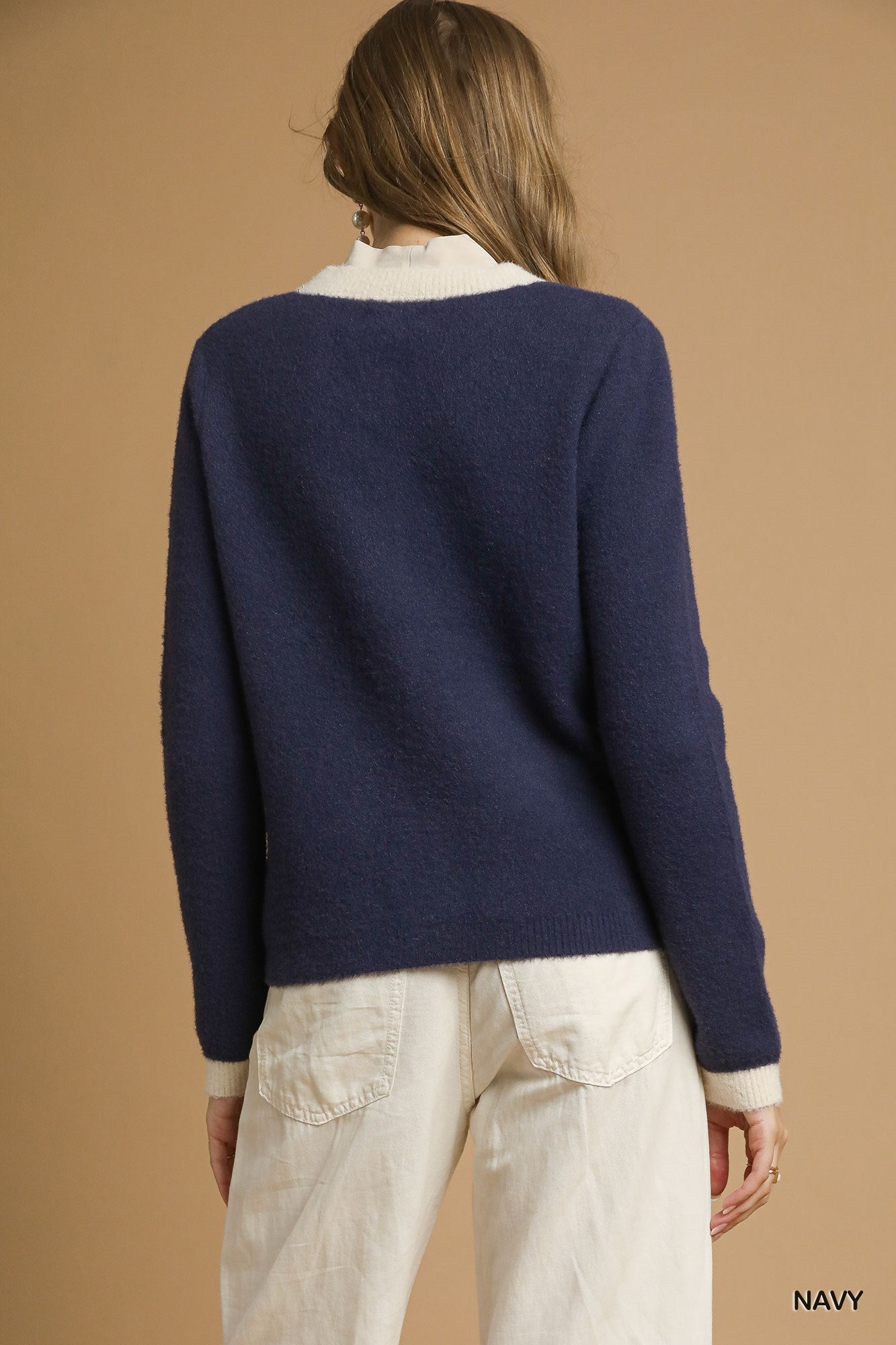 Navy Two Tone Button Front Cardigan