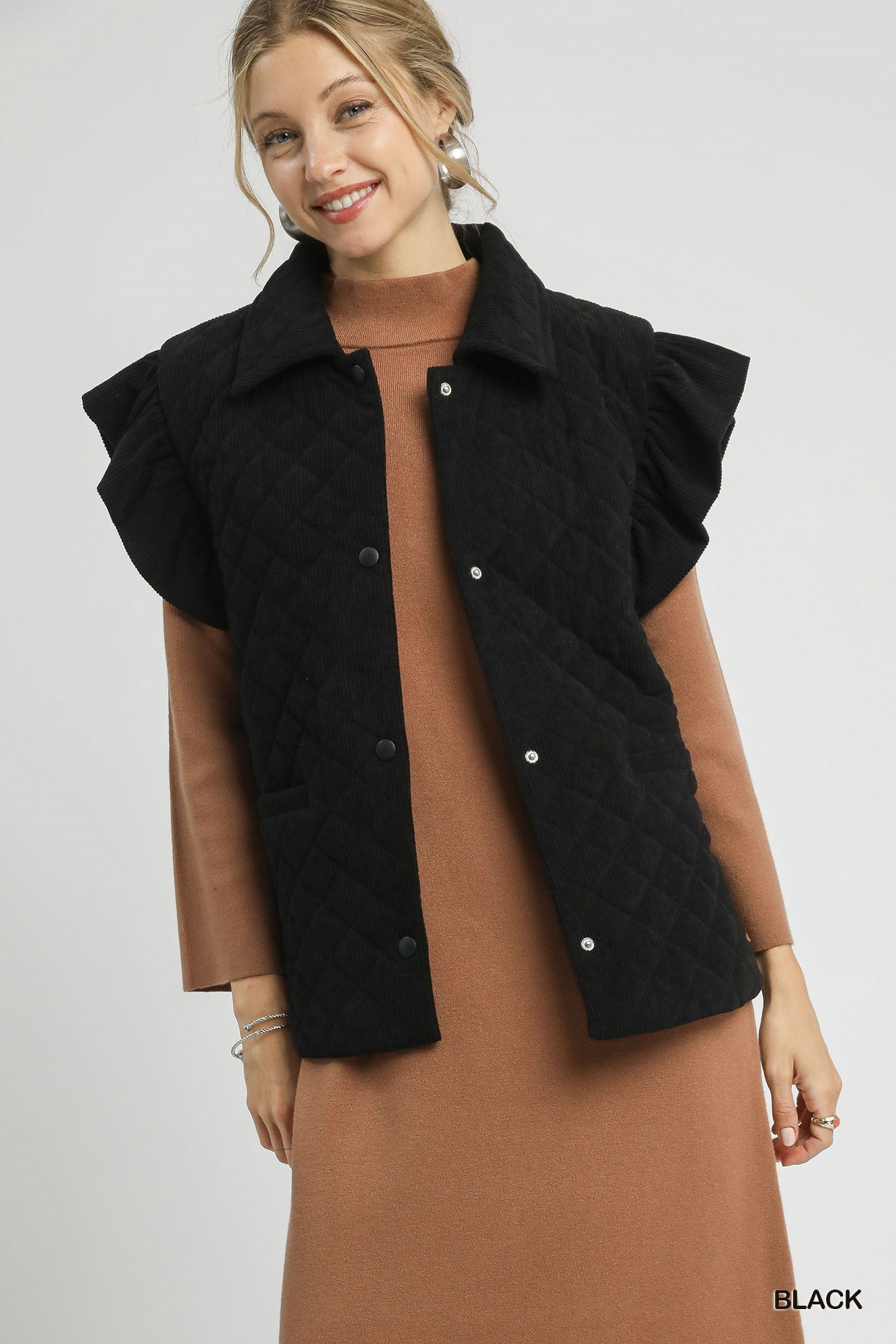 Black Corduroy Quilted Ruffle Sleeve Vest