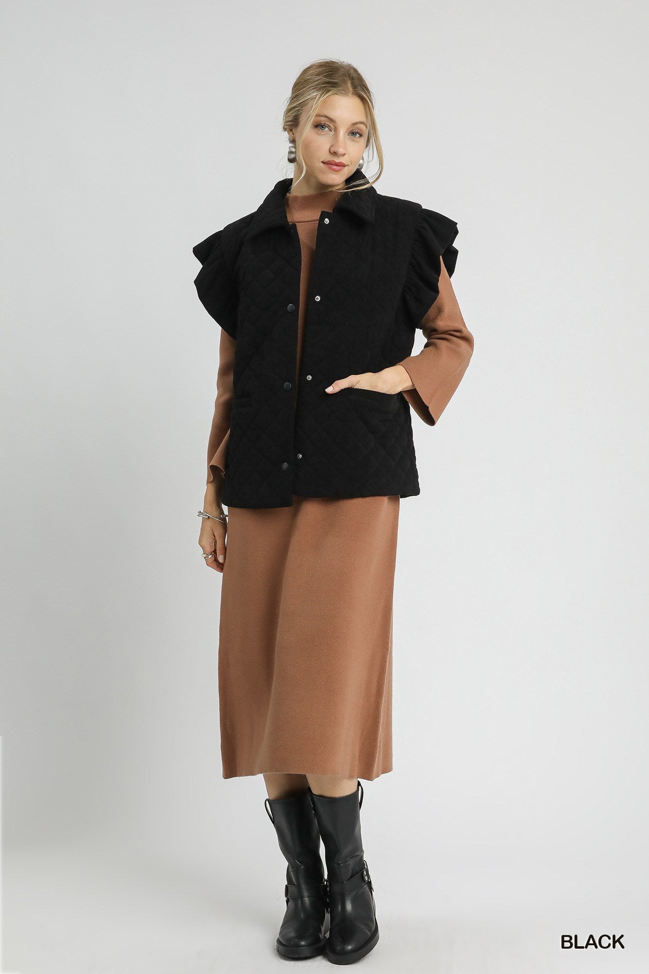 Black Corduroy Quilted Ruffle Sleeve Vest