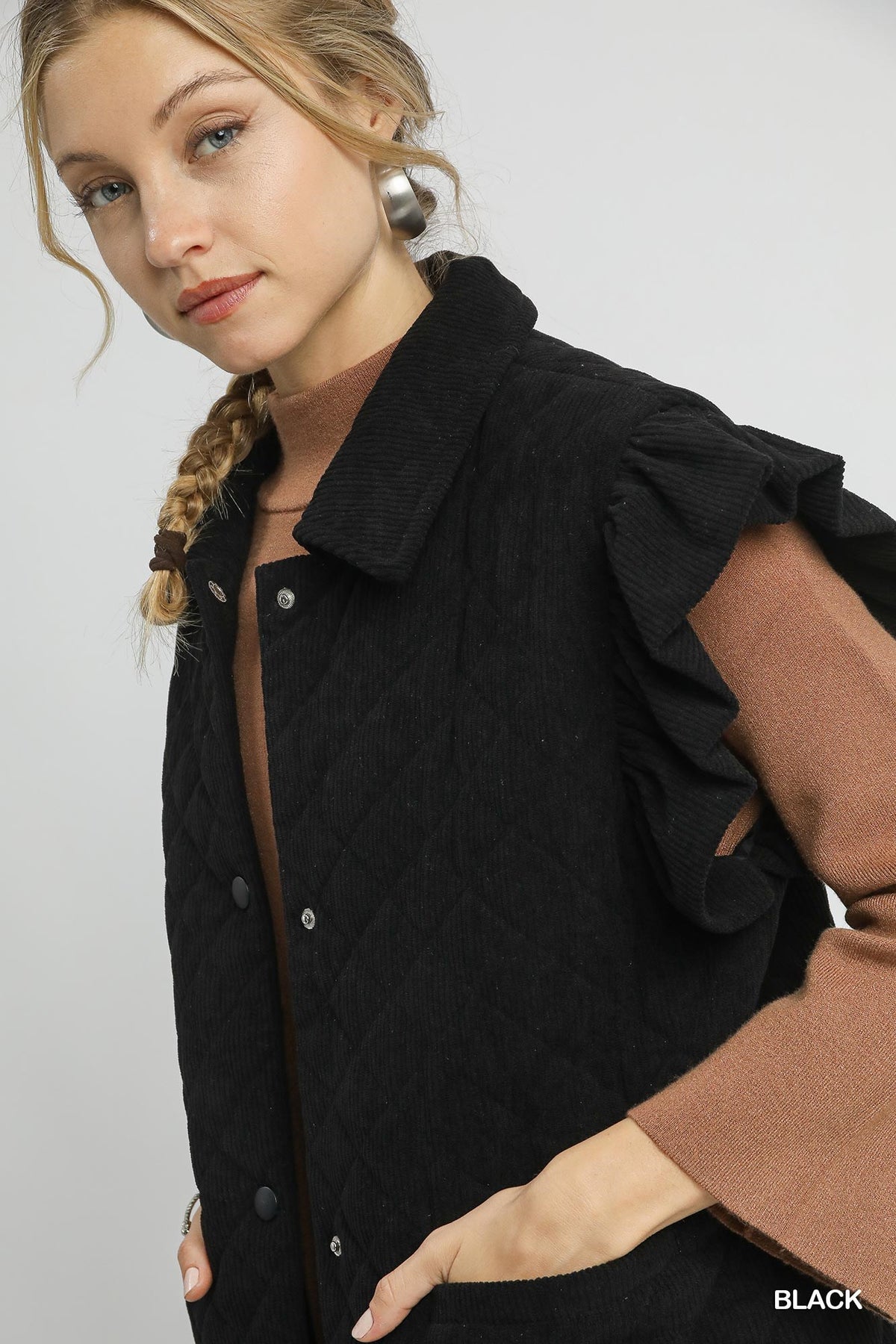 Black Corduroy Quilted Ruffle Sleeve Vest