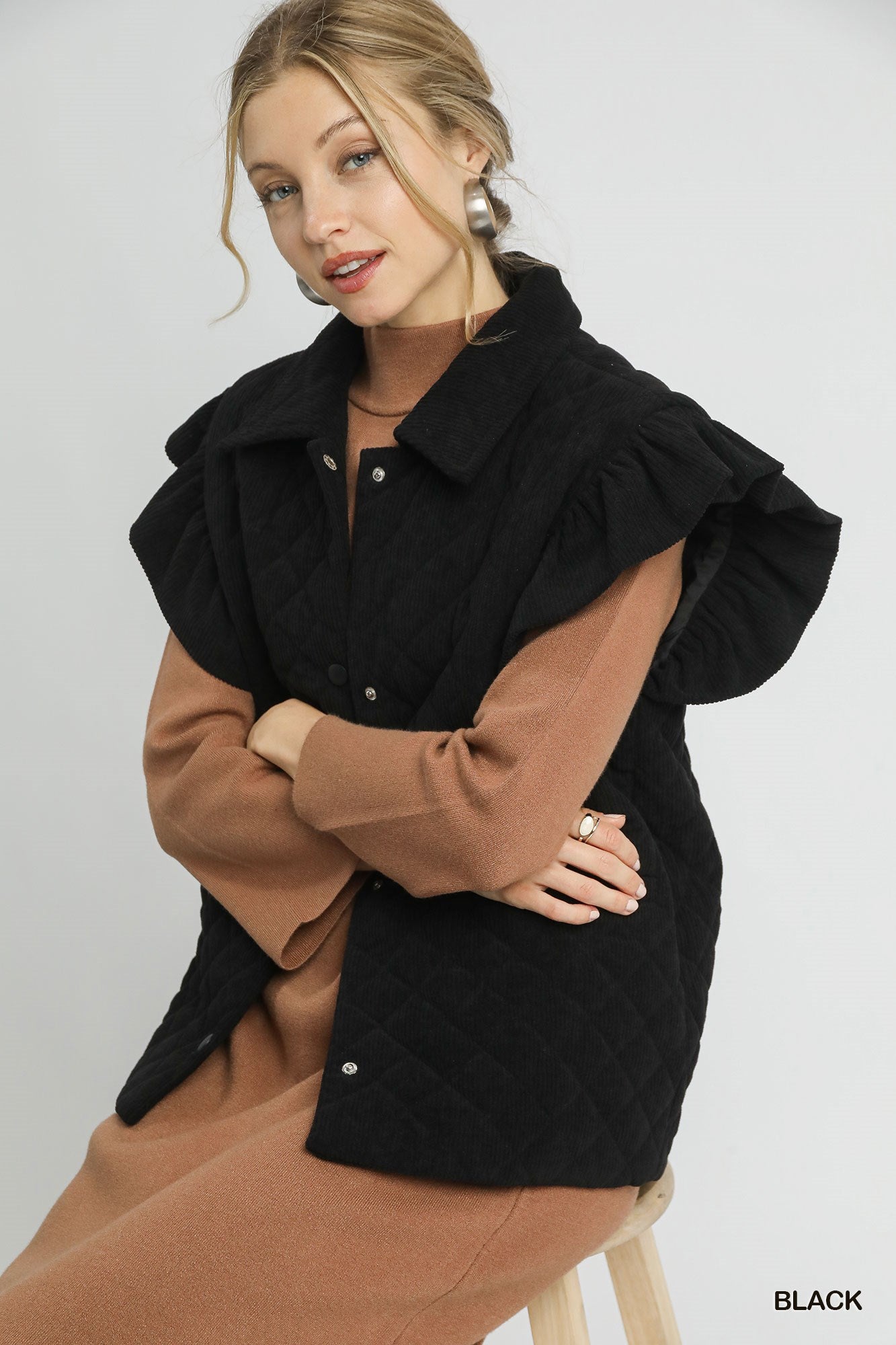 Black Corduroy Quilted Ruffle Sleeve Vest