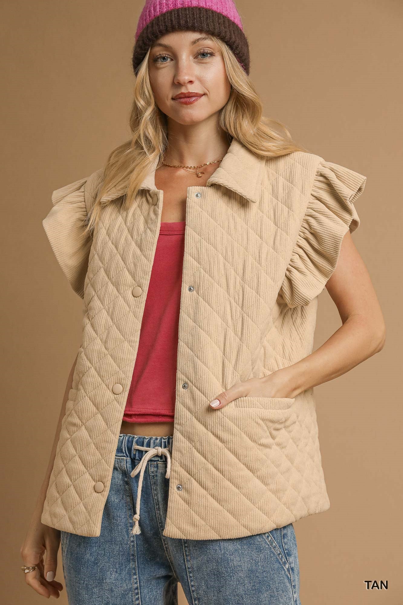 Tan Corduroy Quilted Ruffle Sleeve Vest