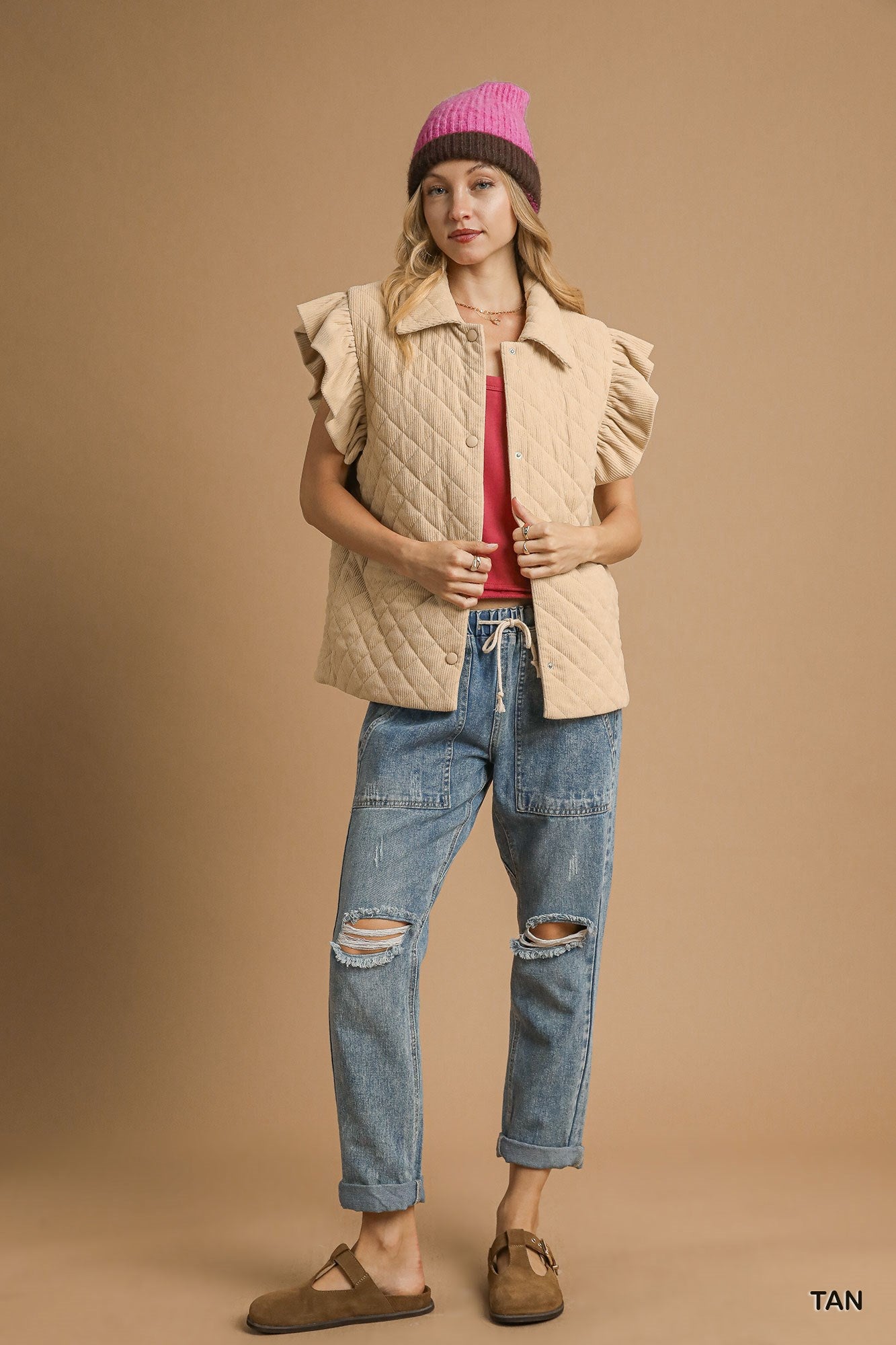 Tan Corduroy Quilted Ruffle Sleeve Vest