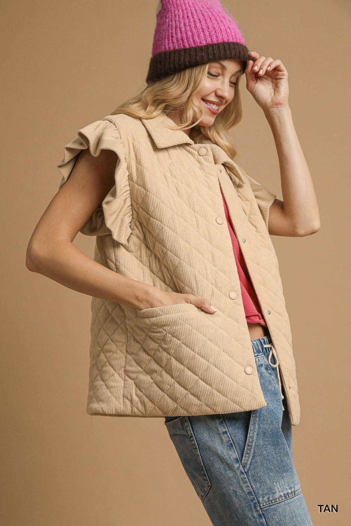 Tan Corduroy Quilted Ruffle Sleeve Vest