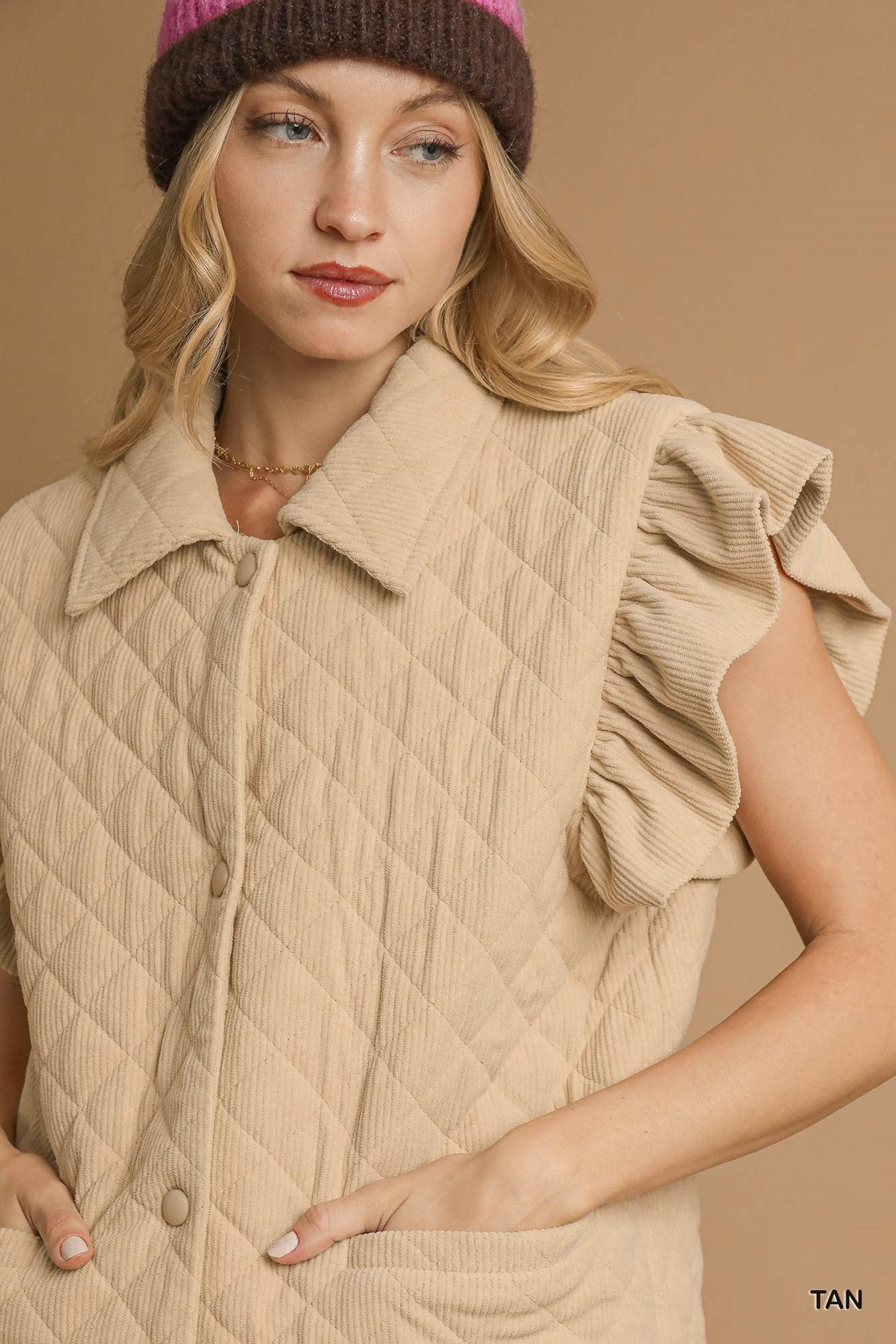 Tan Corduroy Quilted Ruffle Sleeve Vest
