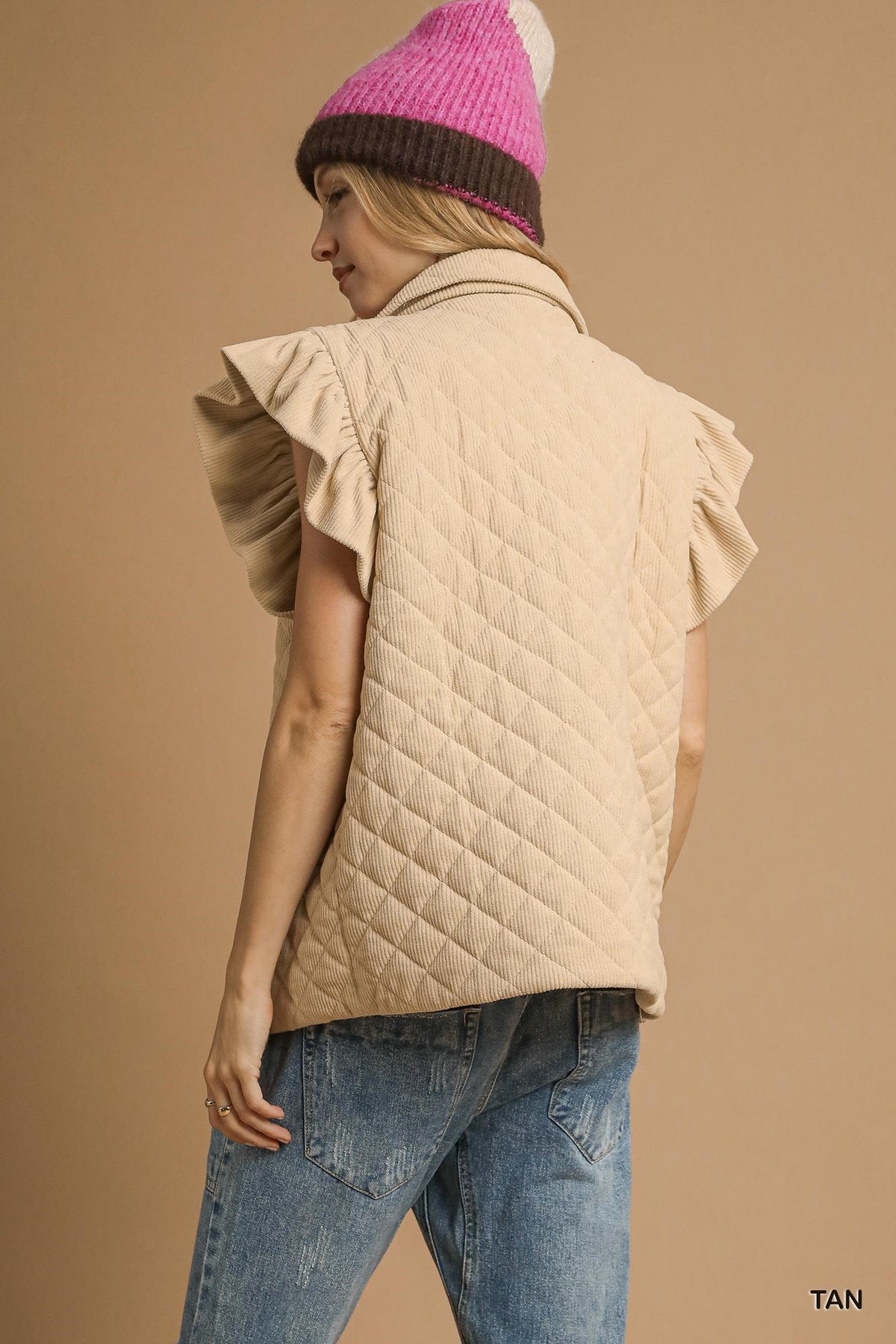 Tan Corduroy Quilted Ruffle Sleeve Vest