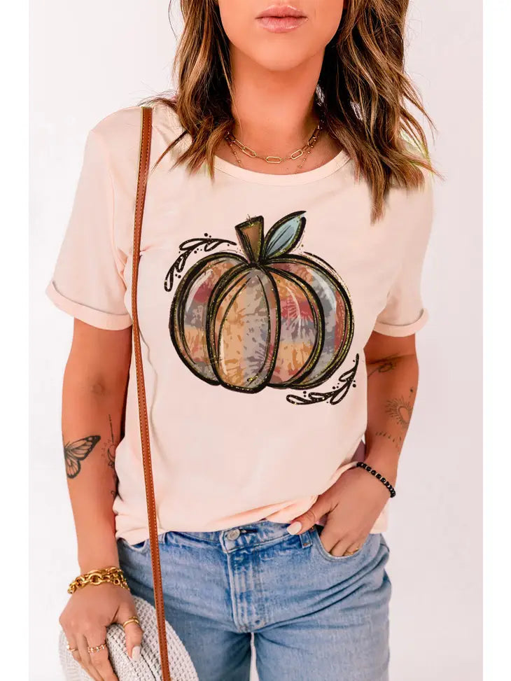 Sale - Pink Pumpkin Graphic Print Crew Neck T Shirt